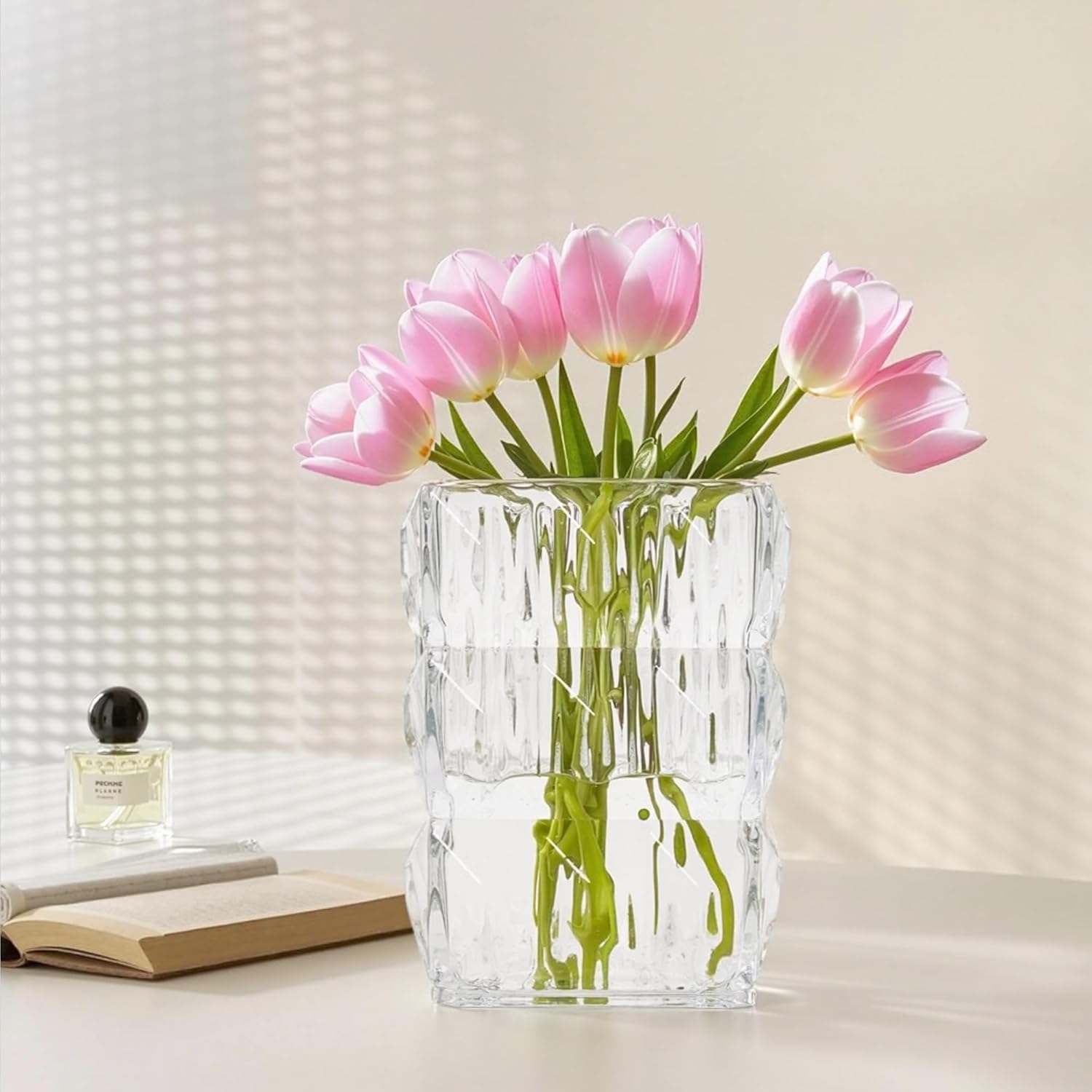 VECELO Crystal Glass Vase - Textured Clear Flower Vase