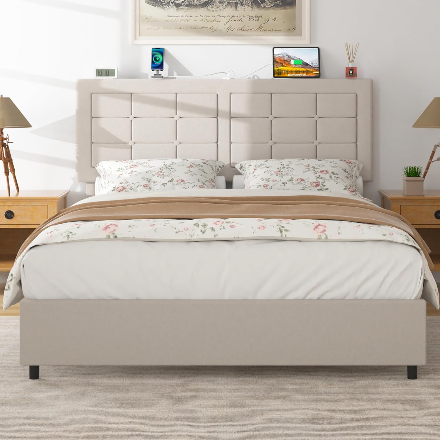 VECELO Bed Frame with 4 Drawers, Adjustable Tufted Button Headboard