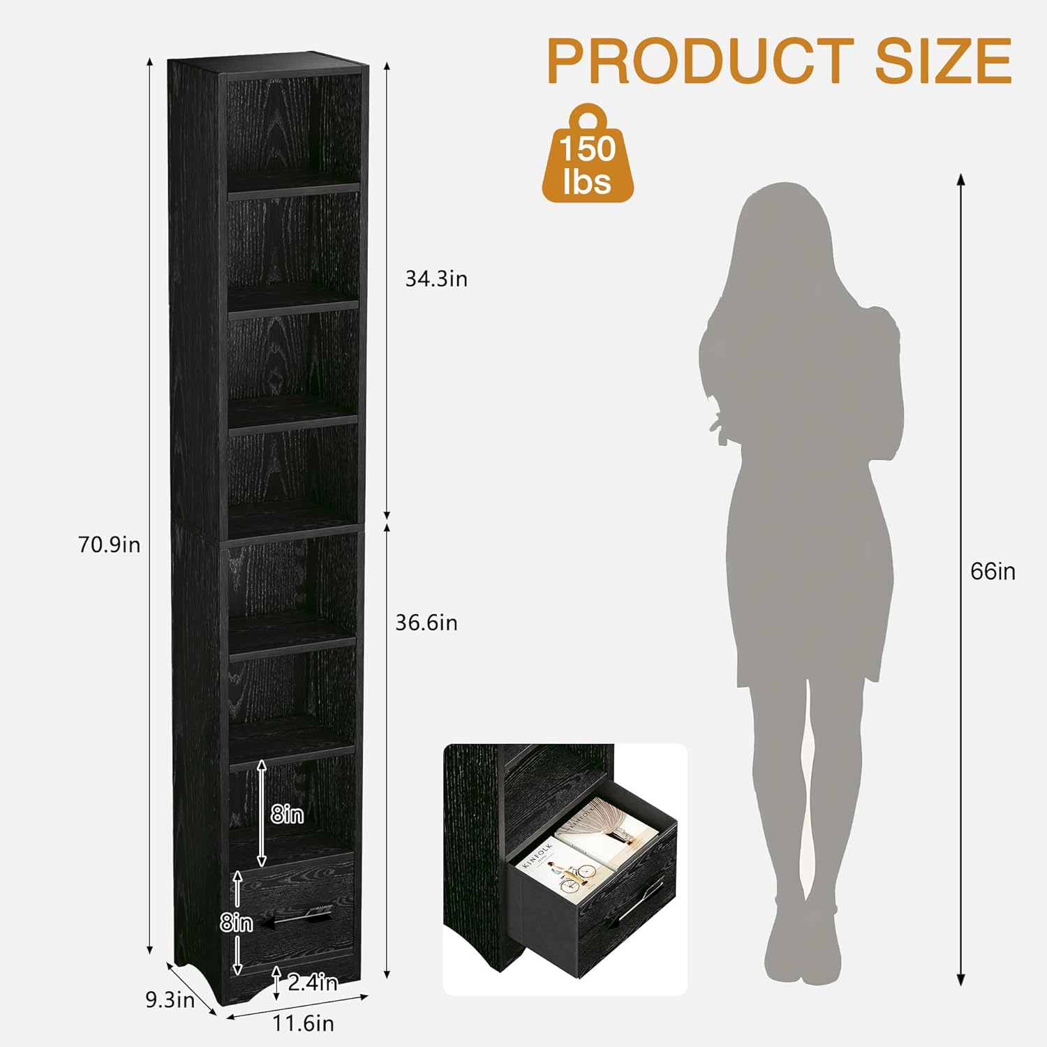 VECELO 8-Tier Tall Narrow Bookshelf