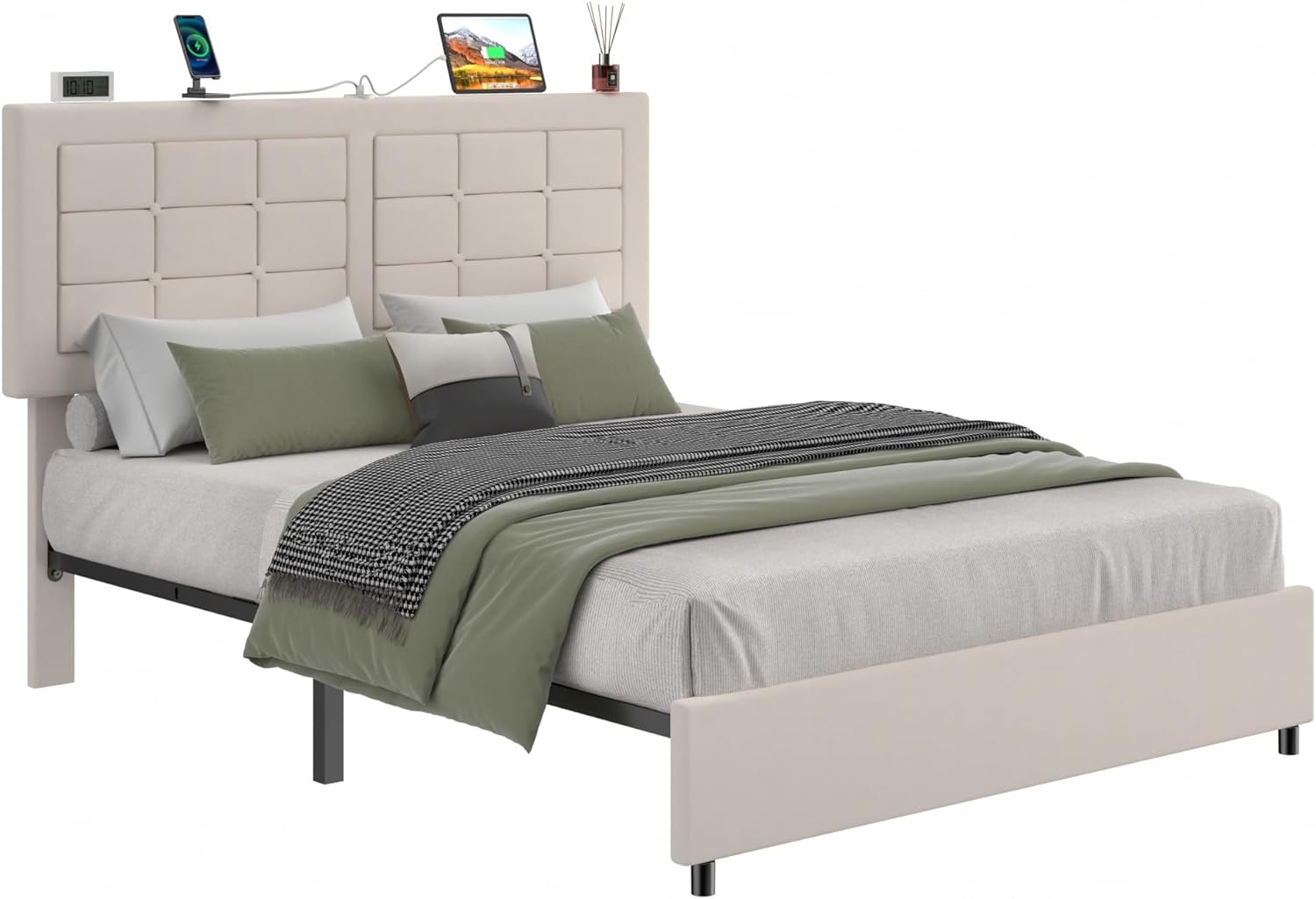 VECELO Bed Frame with 4 Drawers, Adjustable Tufted Button Headboard