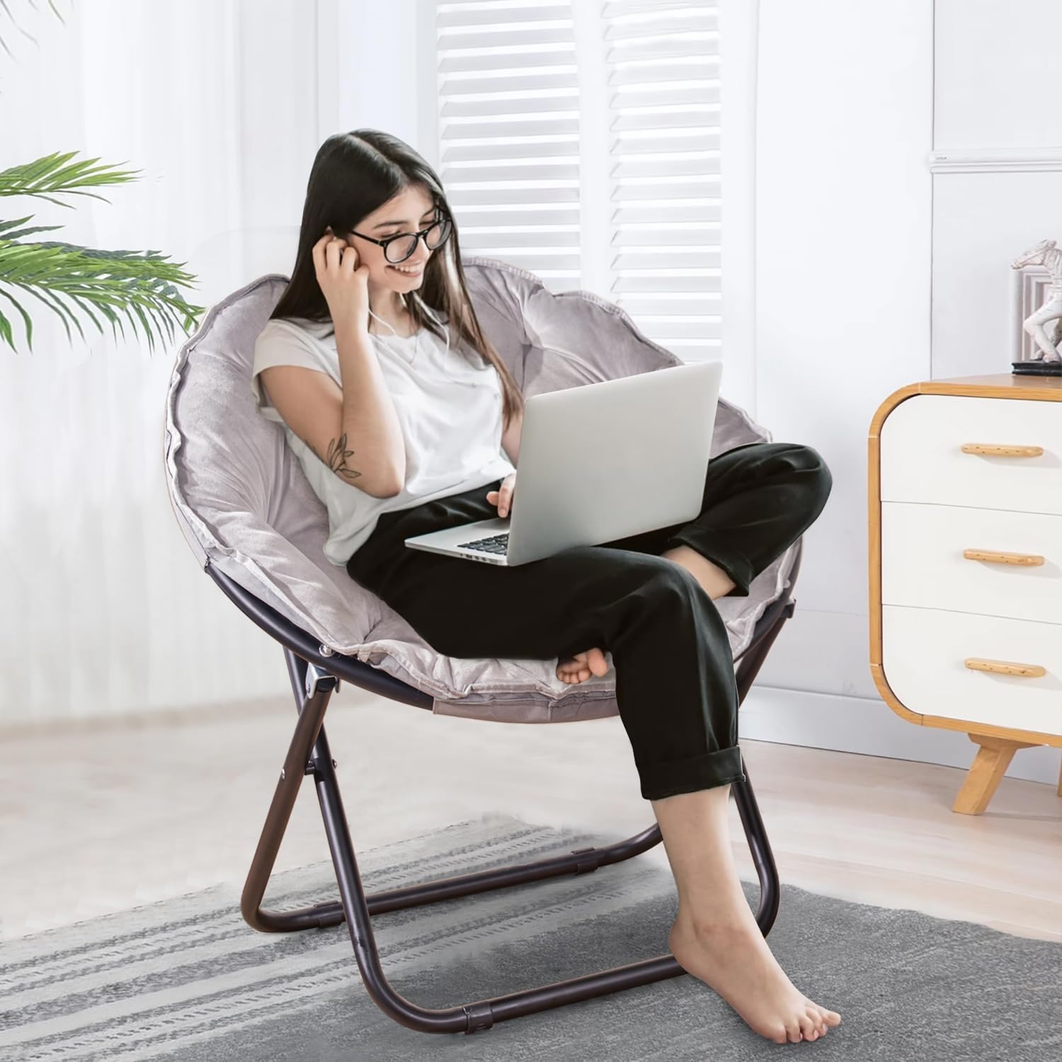 VECELO Saucer Chair for Adults, Folding Moon Chair with Metal Frame