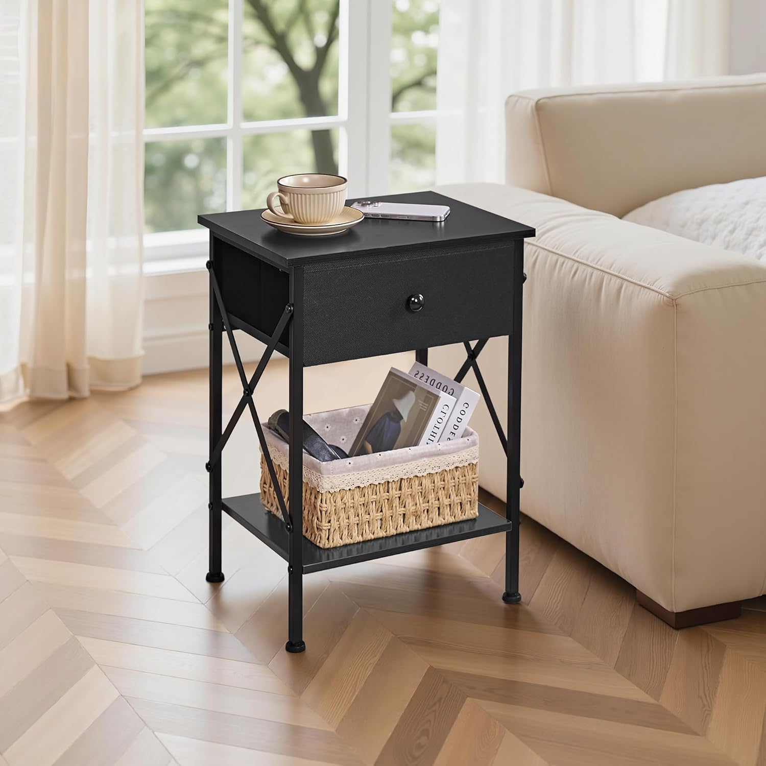 VECELO Nightstand Set of 2, X-Design End Side Table with Fabric Storage Drawer and Open Shelf