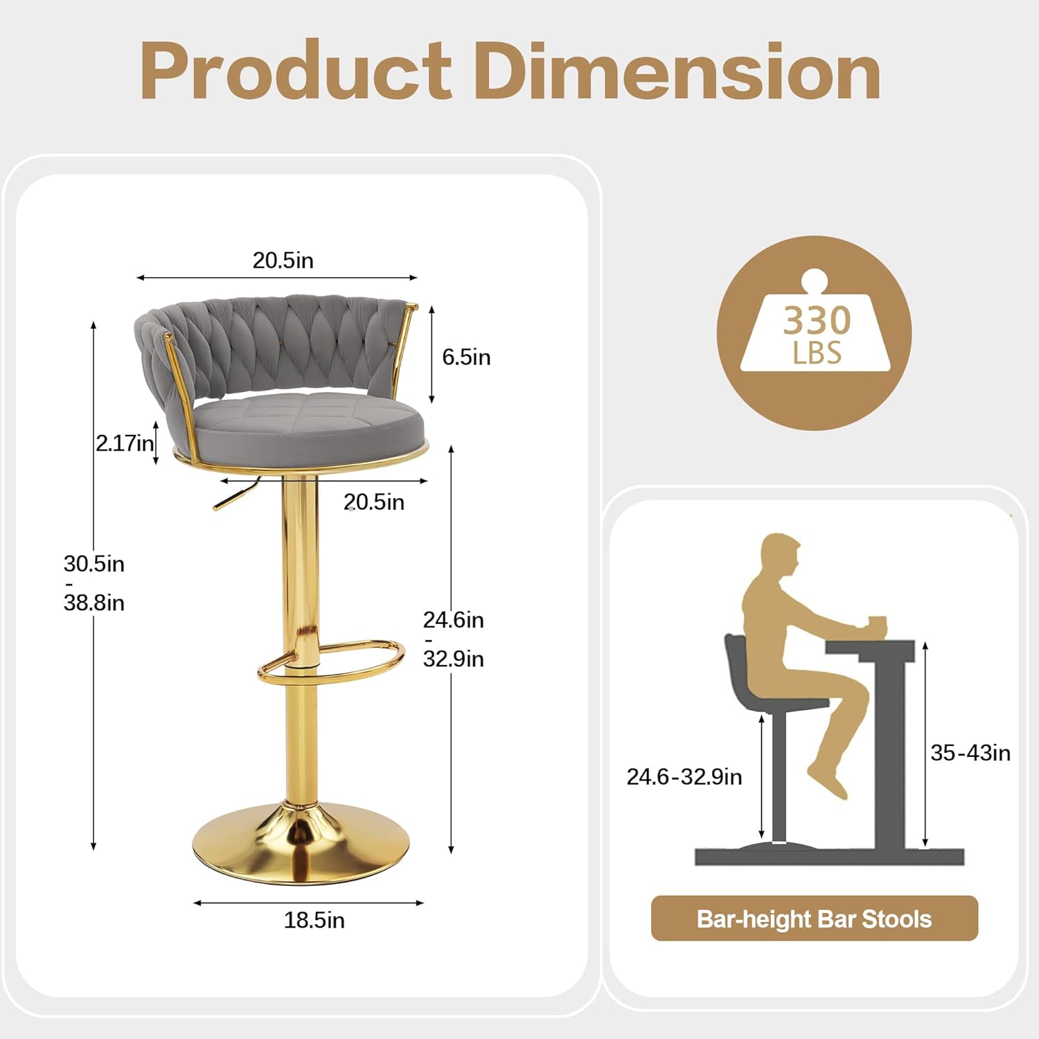 VECELO Bar Stools Set of 2, Adjustable Barstools Counter Height Stools with Back and Arm - VECELO