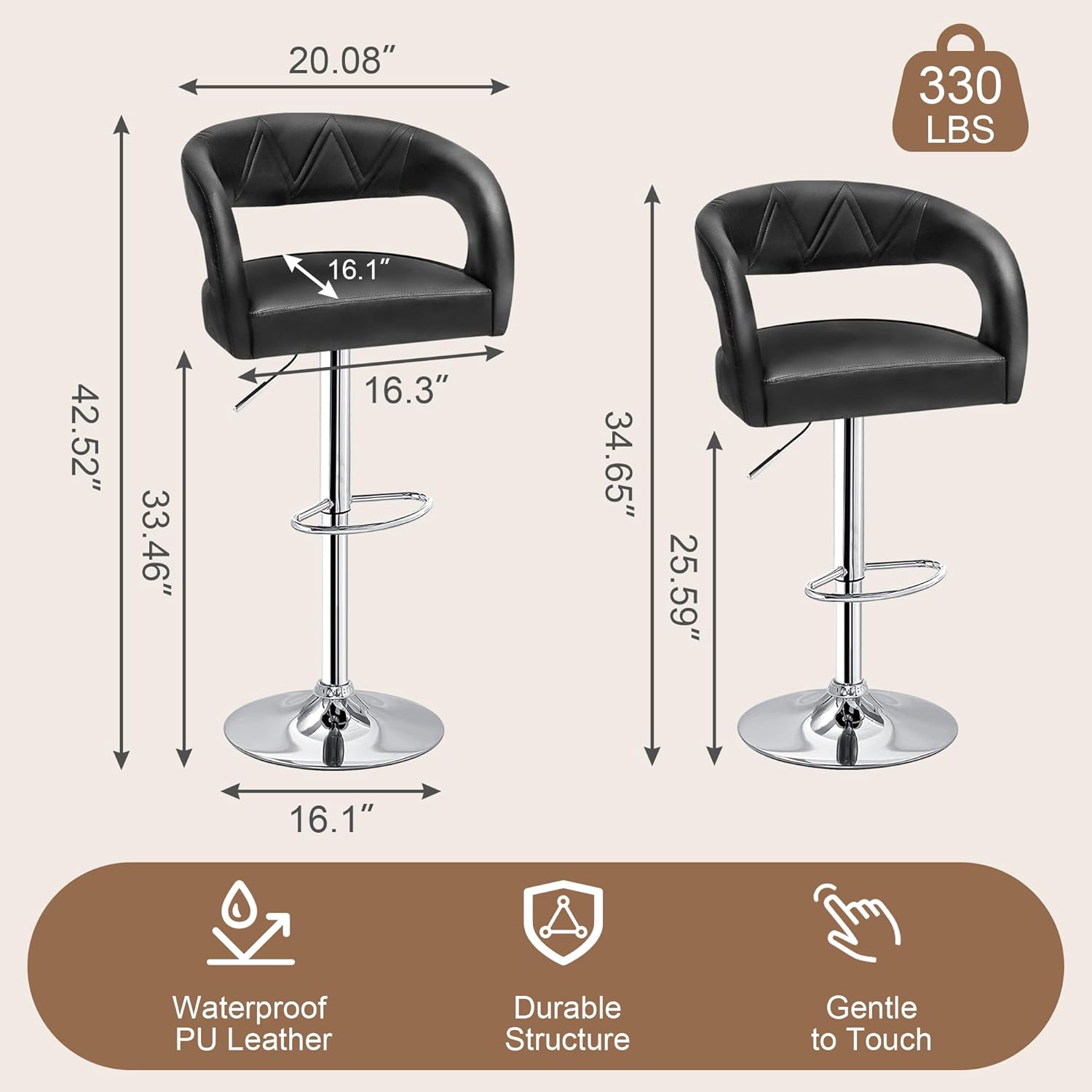 VECELO Bar Stools Set of 2 Adjustable Swivel Modern Pu Leather Barstools - VECELO