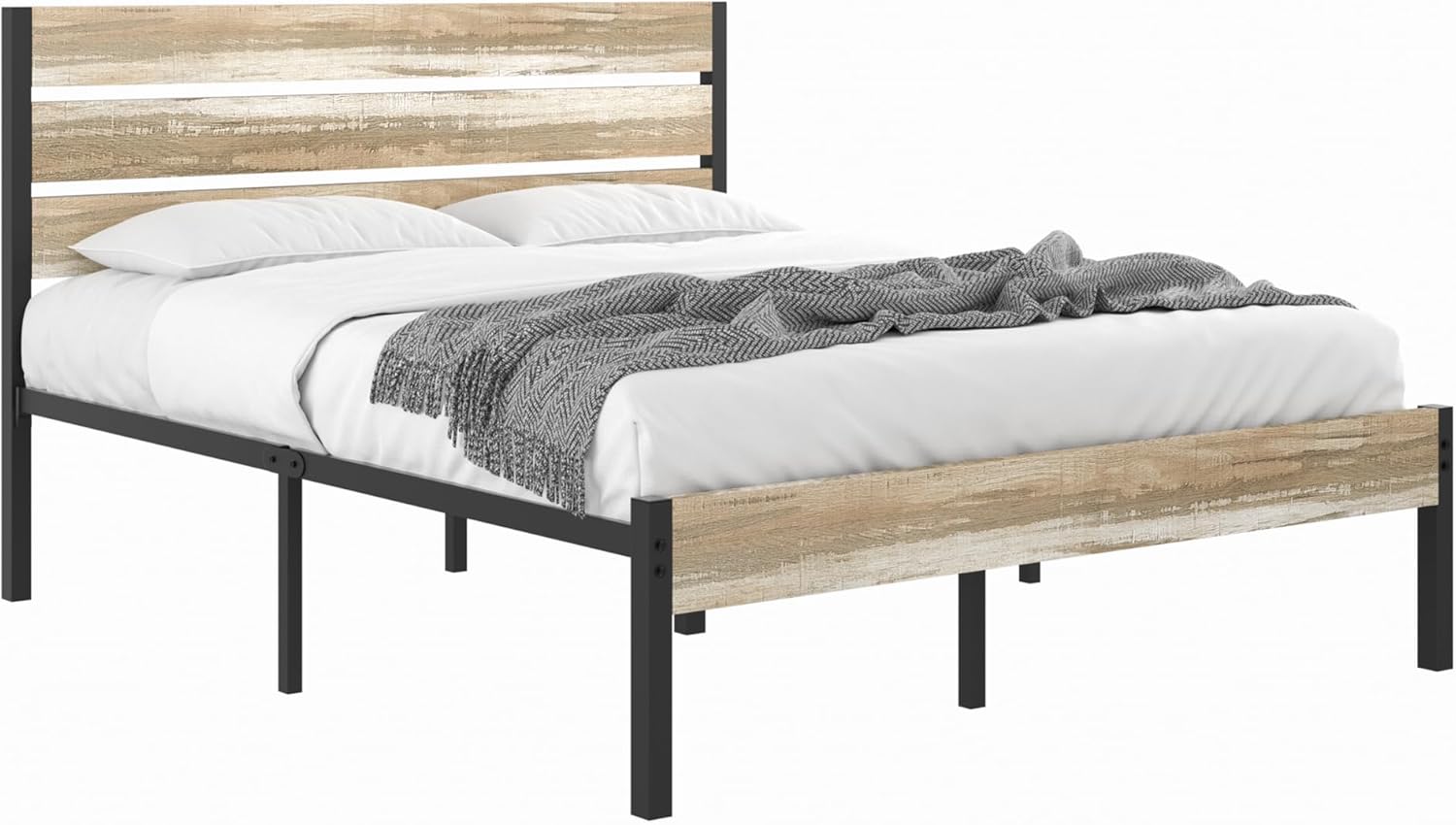 VECELO Platform Bed Frame with Rustic Vintage Wood Headboard/Strong Metal Slats Support