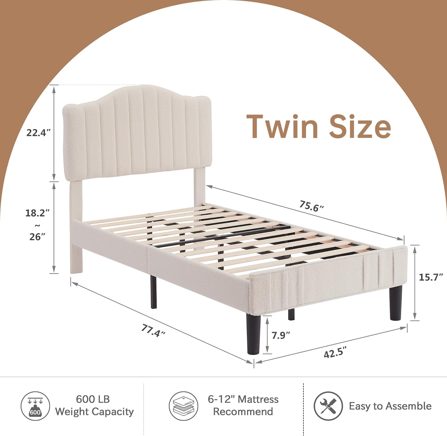VECELO Upholstered Platform Bed Frame with Sheepskin Fabric Adjustable Headboard/Strong Wood Slats Supports