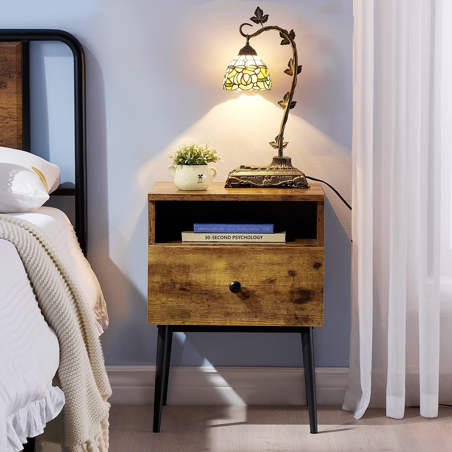 Modern Nightstand Square End Side Table with Drawer and Storage Space