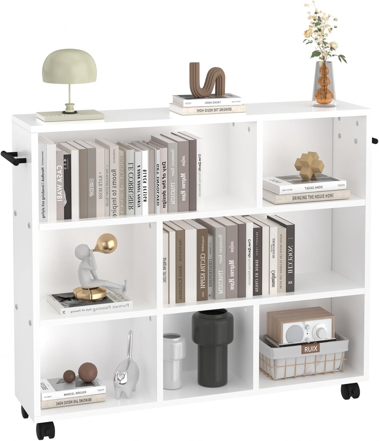 VECELO Book Cart, Library Wood Rolling Book Truck with Lockable Wheels, for Home Office, White - VECELO