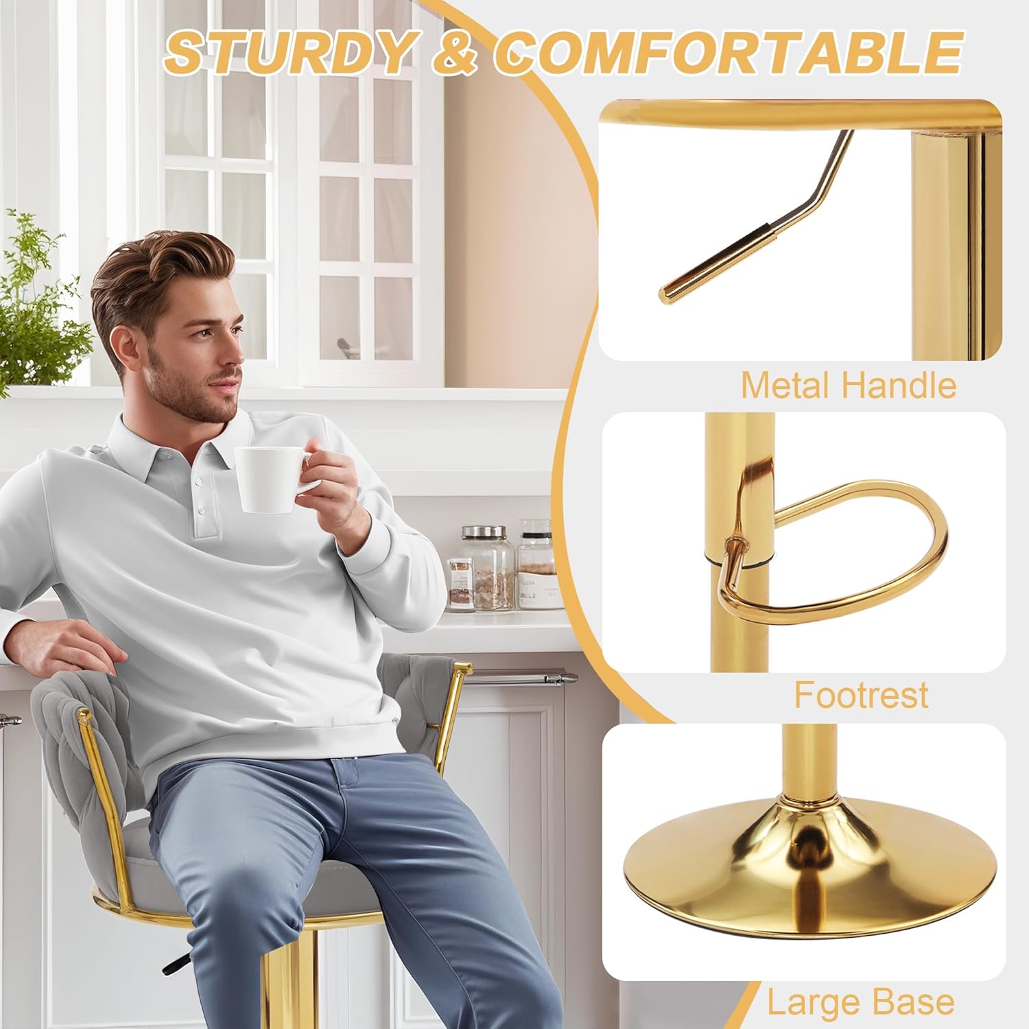 VECELO Bar Stools Set of 2, Adjustable Barstools Counter Height Stools with Back and Arm - VECELO