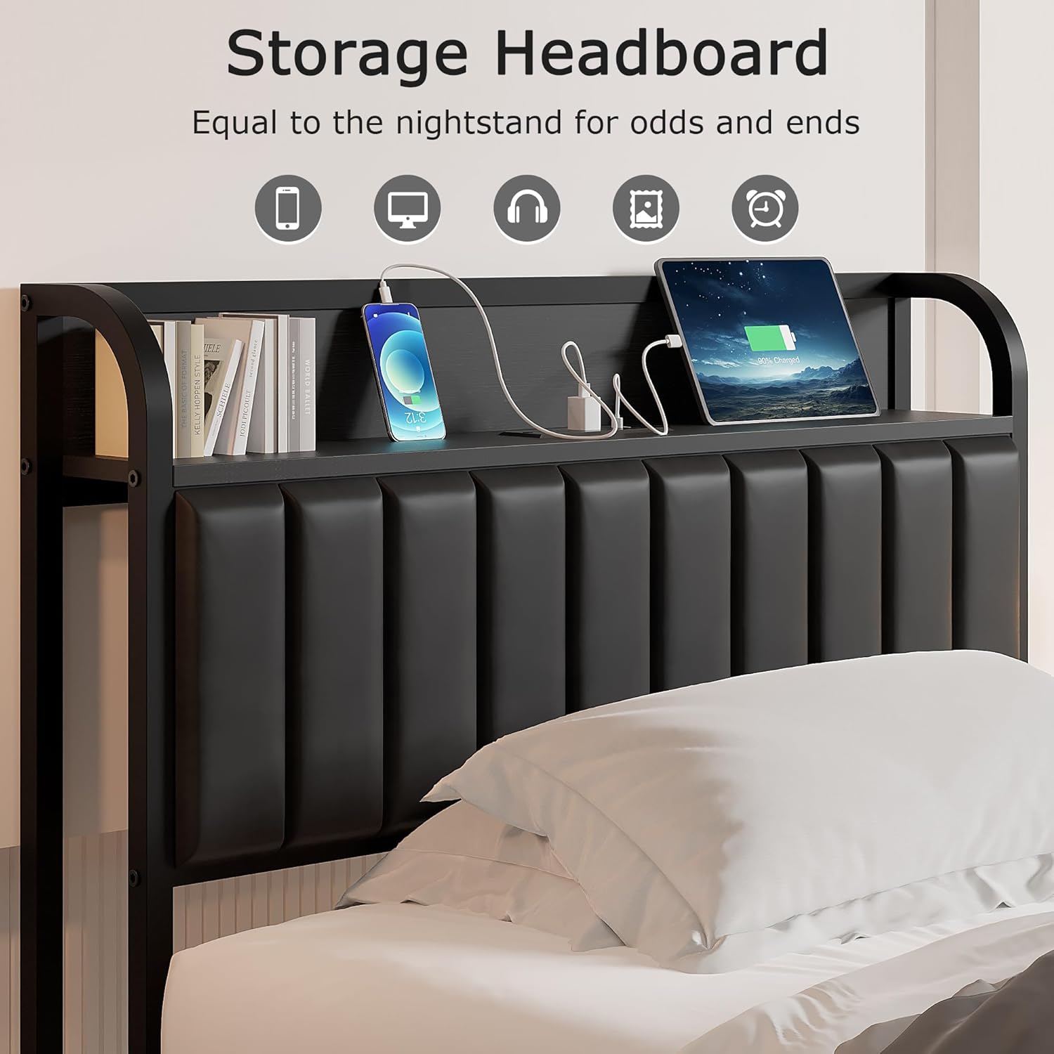 VECELO Twin Bed Frame, Storage Upholstered Headboard with Charging Station