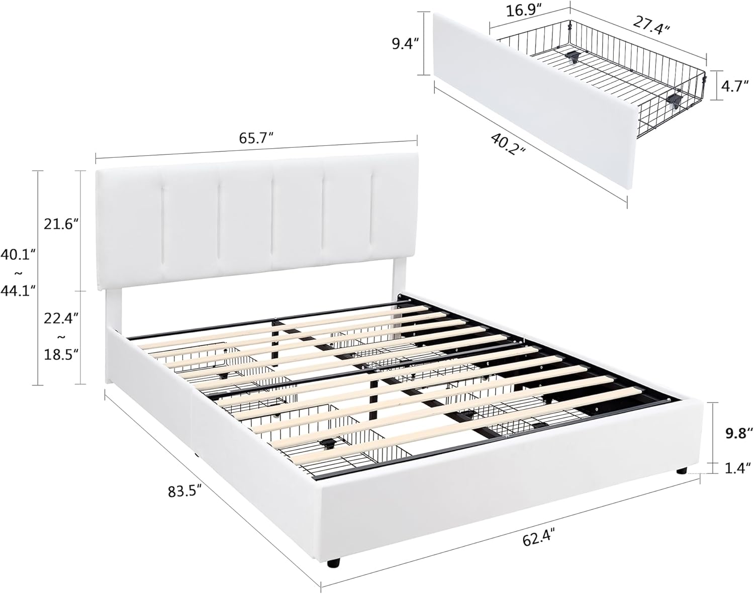 VECELO Upholstered Bed Frame with 4 Storage Drawers and Adjustable Velvet Headboard