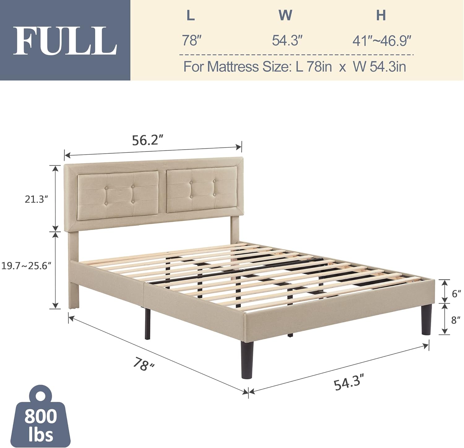 VECELO Upholstered Platform Bed Frame with Height Adjustable Headboard - VECELO