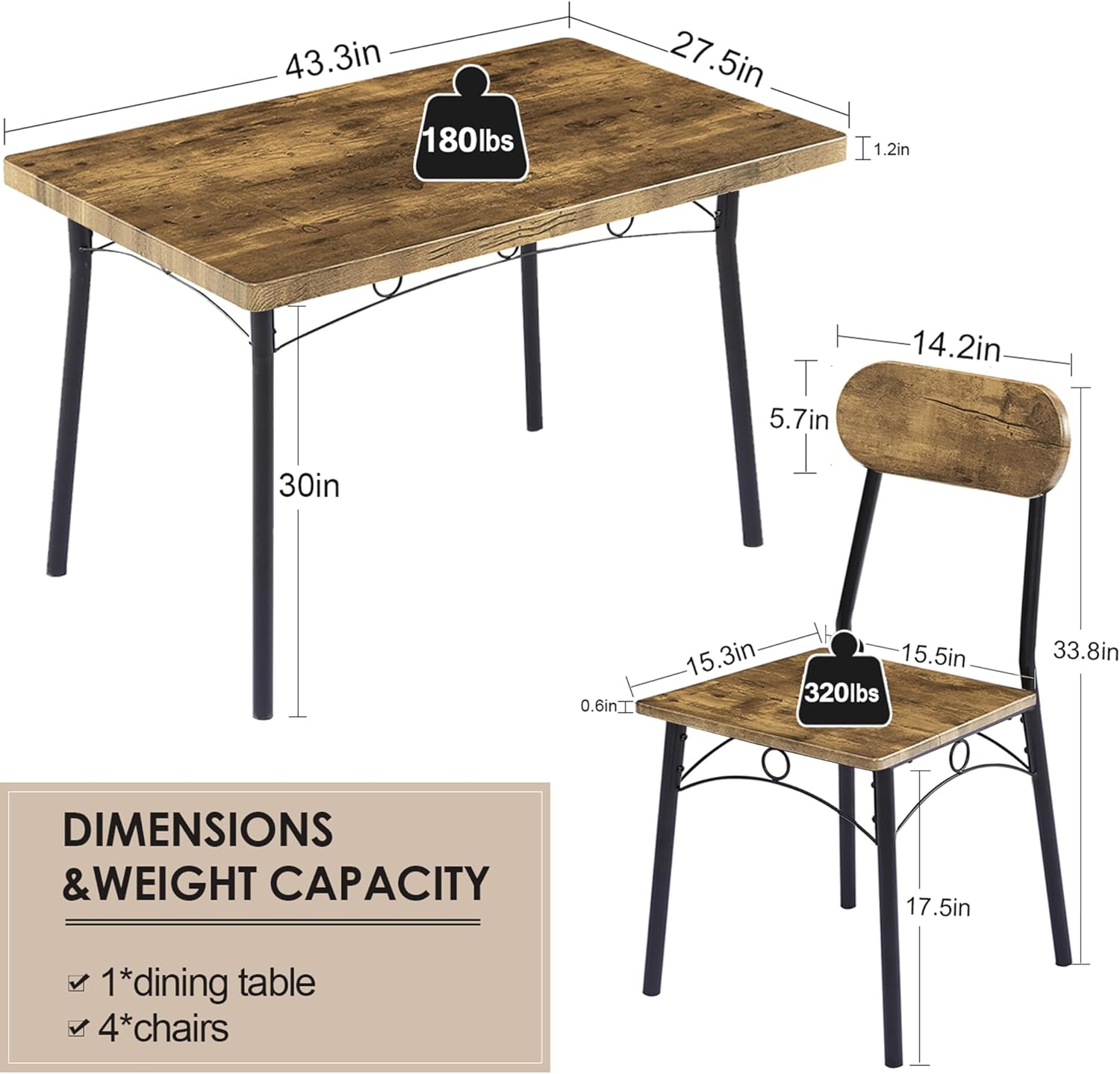 VECELO Farmhouse Style 5 Piece Dining Table Set Metal and Wood Rectangular Table with 4 Chairs - VECELO