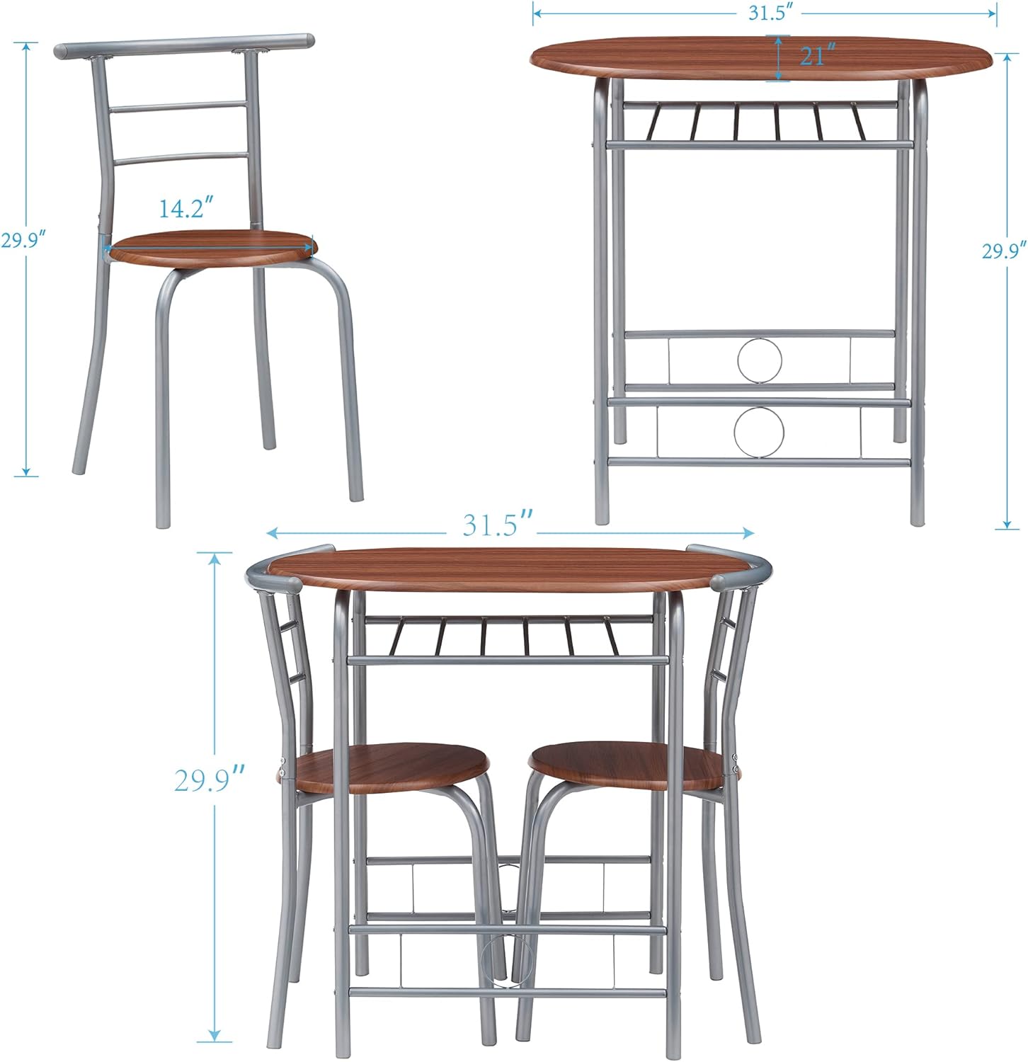 VECELO 3 Piece Wood Round Table & Chair Set with Wine Storage Rack for Dining Room Kitchen Bar Breakfast - VECELO