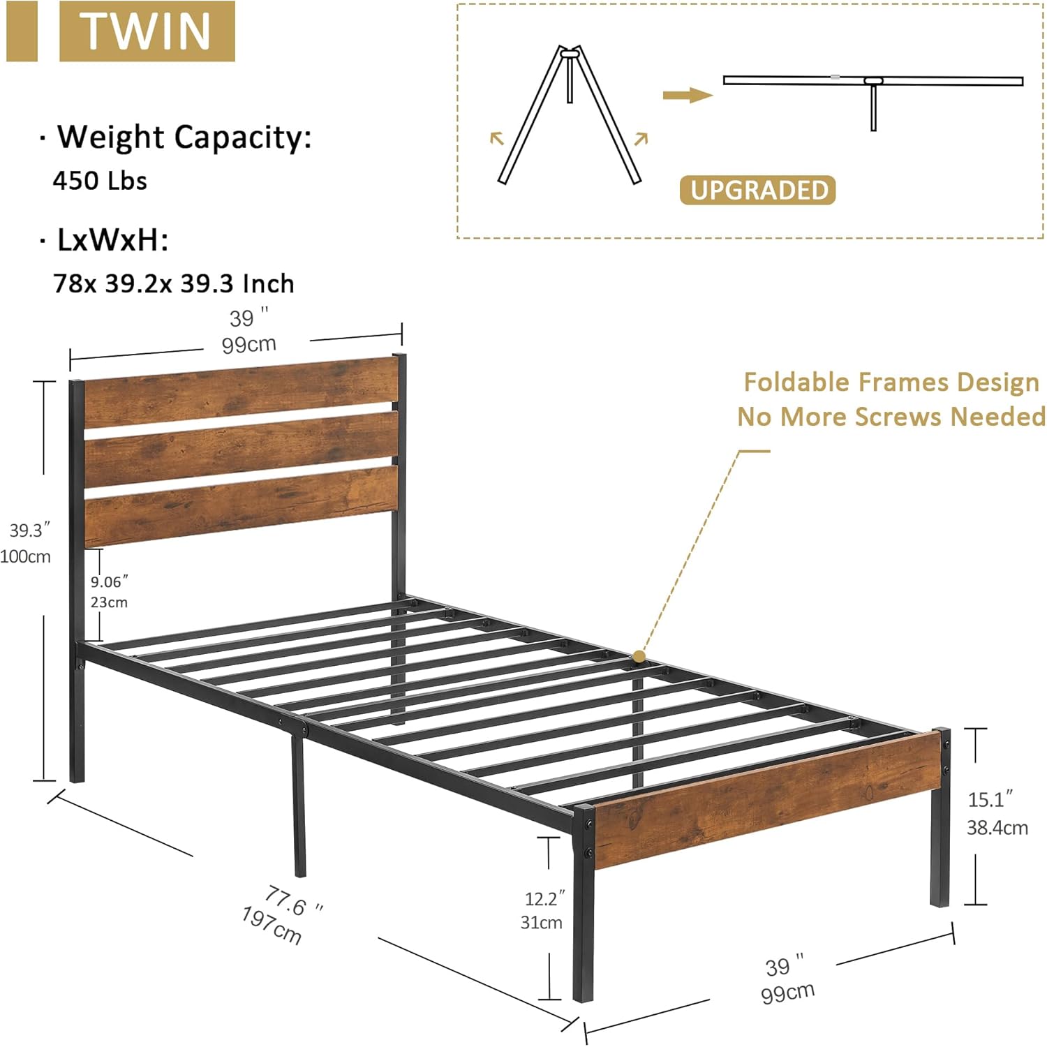 VECELO Platform Bed Frame with Rustic Vintage Wood Headboard/Strong Metal Slats Support