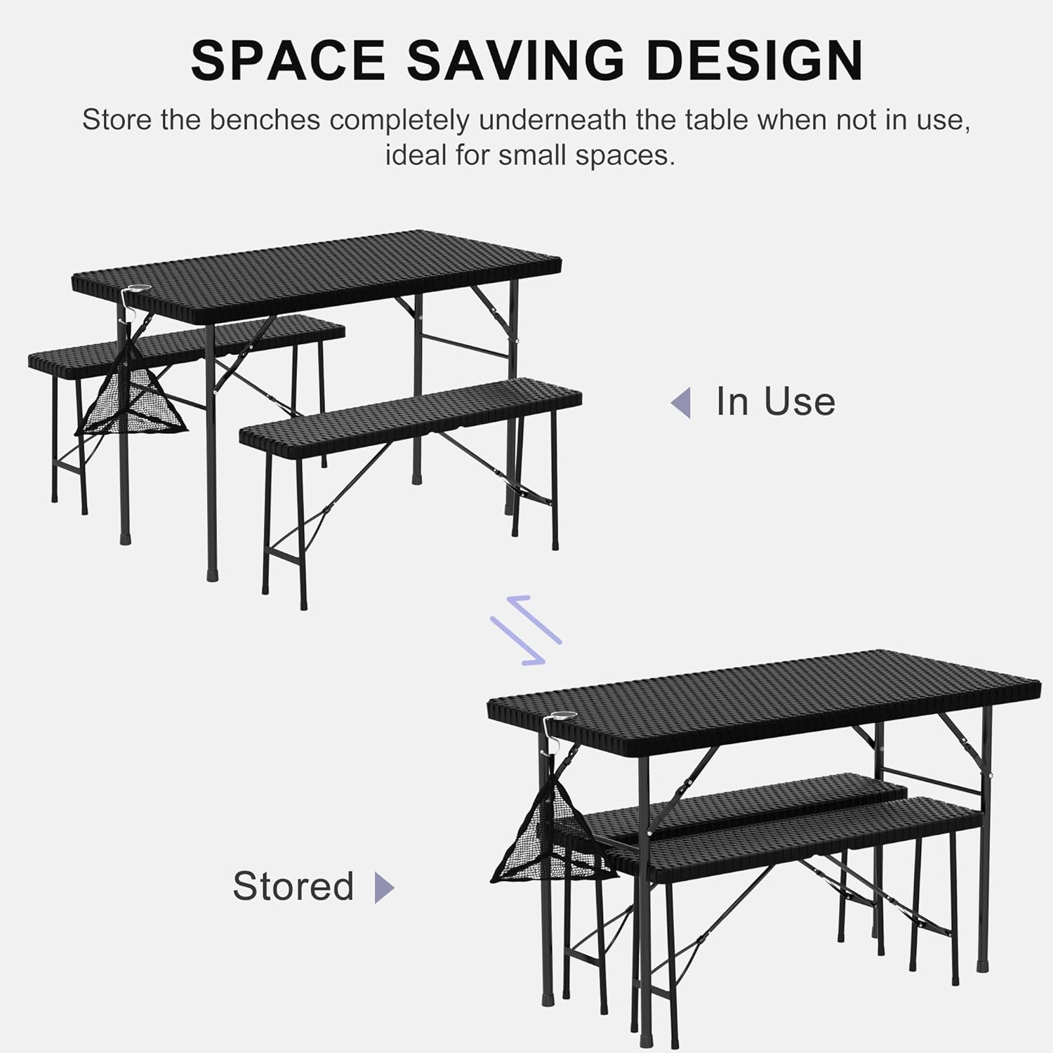 VECELO Dining Set for 4, Faux Rattan Folding Table with 2 Benches - VECELO