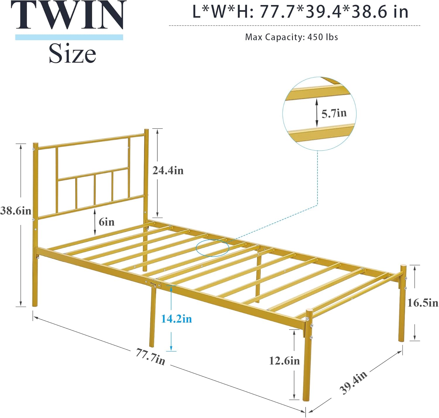VECELO Bed Frame, 14 Inch Metal Platform with Headboard, Heavy Duty Steel Slat Support - VECELO