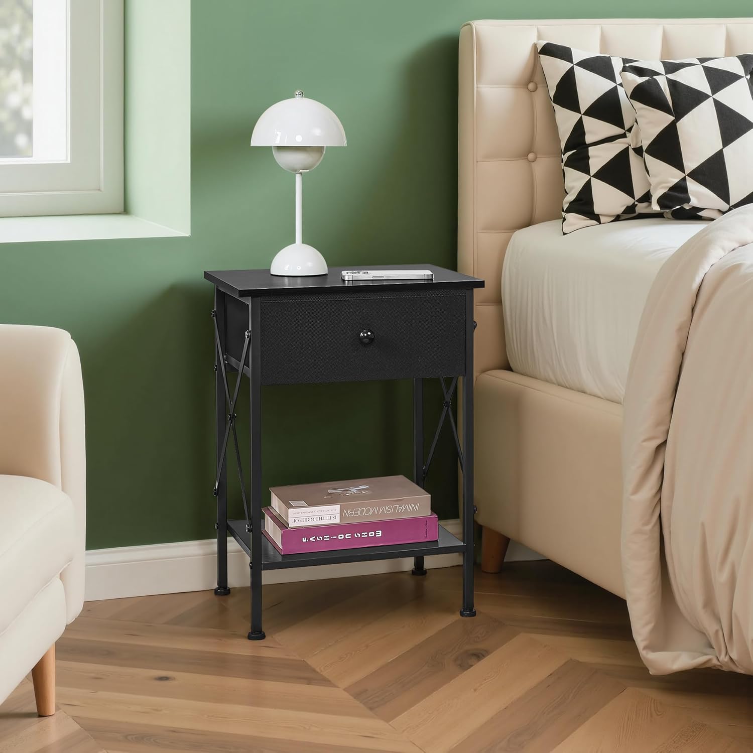 VECELO Nightstand Set of 2, X-Design End Side Table with Fabric Storage Drawer and Open Shelf