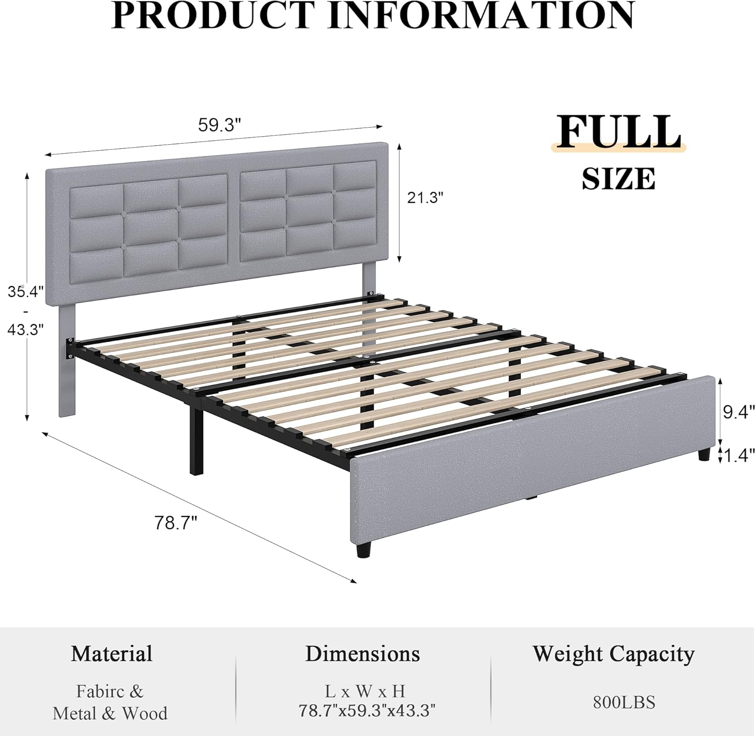 VECELO Bed Frame with 4 Drawers, Adjustable Tufted Button Headboard