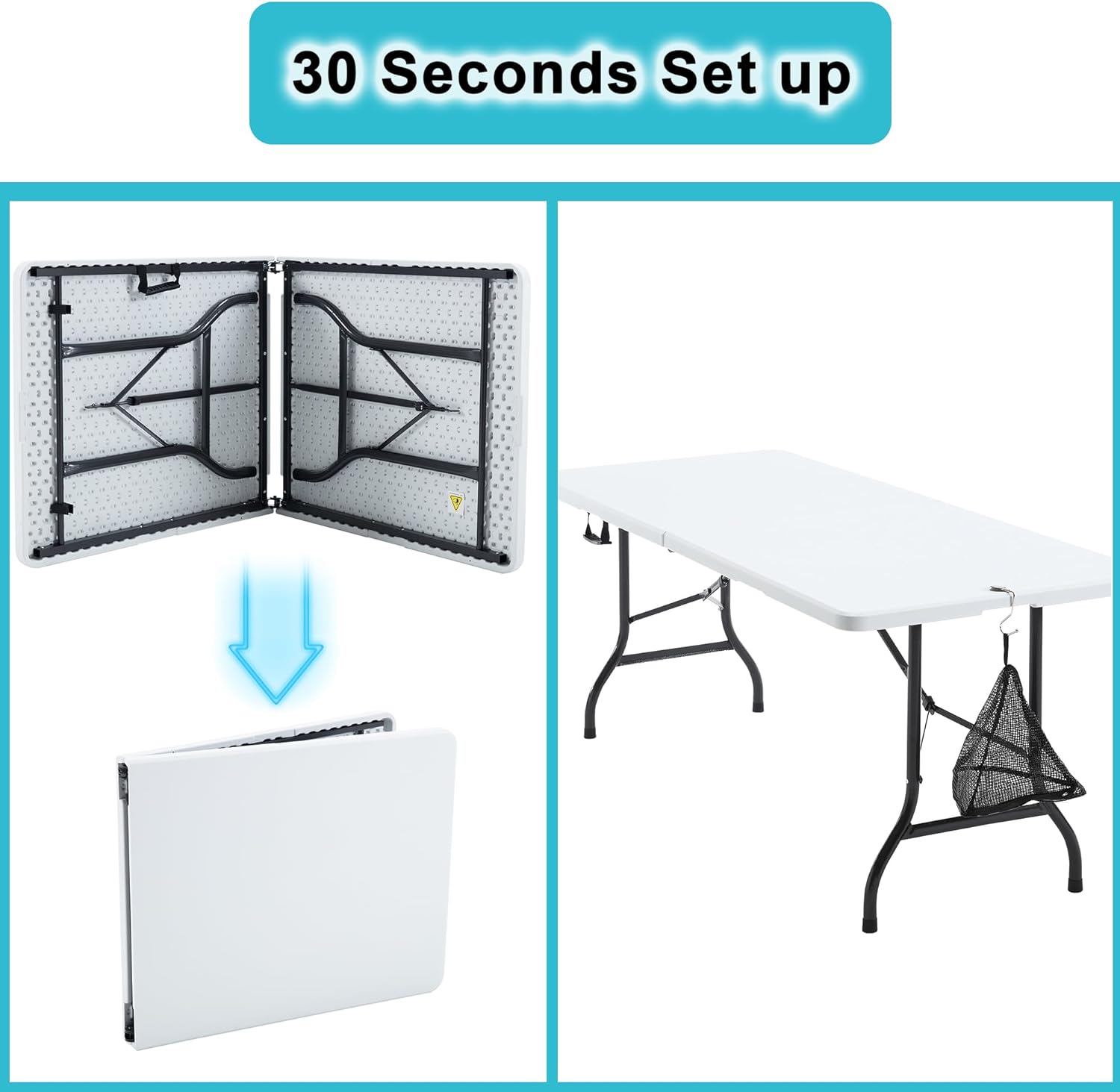 VECELO 6Ft Plastic Folding Table Heavy Duty Indoor Outdoor Portable Picnic Foldable Desk with Handle Mesh Trash Bag&Lock Legs - VECELO