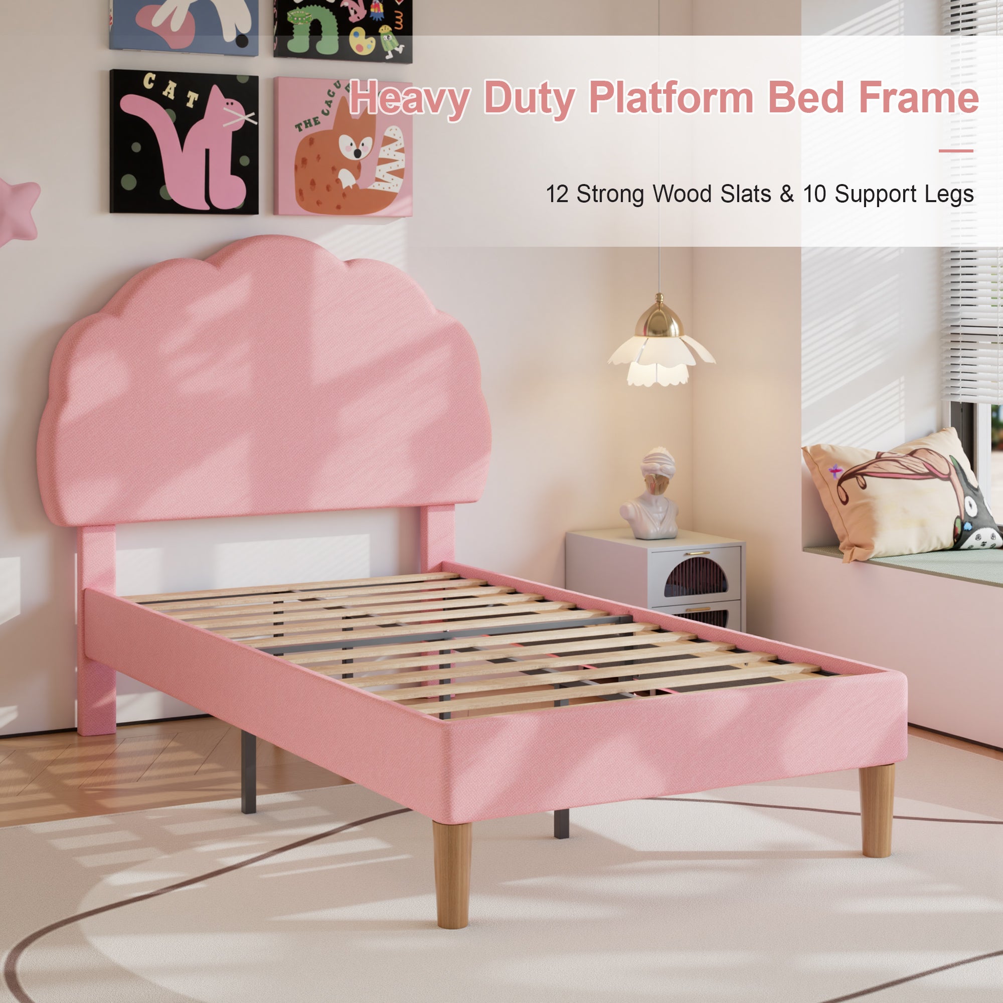 VECELO Twin Size Bed Frame, Upholstered Platform Bedframe with Height Adjustable Plush Fabric Headboard