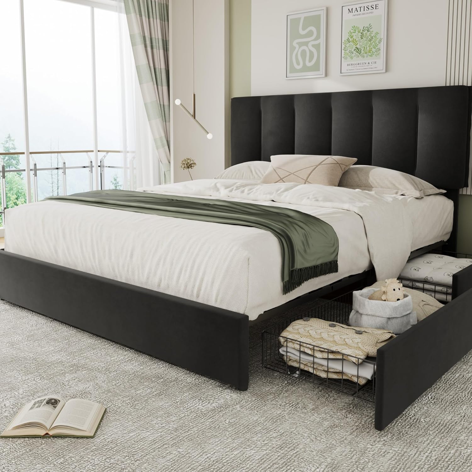 VECELO Upholstered Bed Frame with 4 Storage Drawers and Adjustable Velvet Headboard