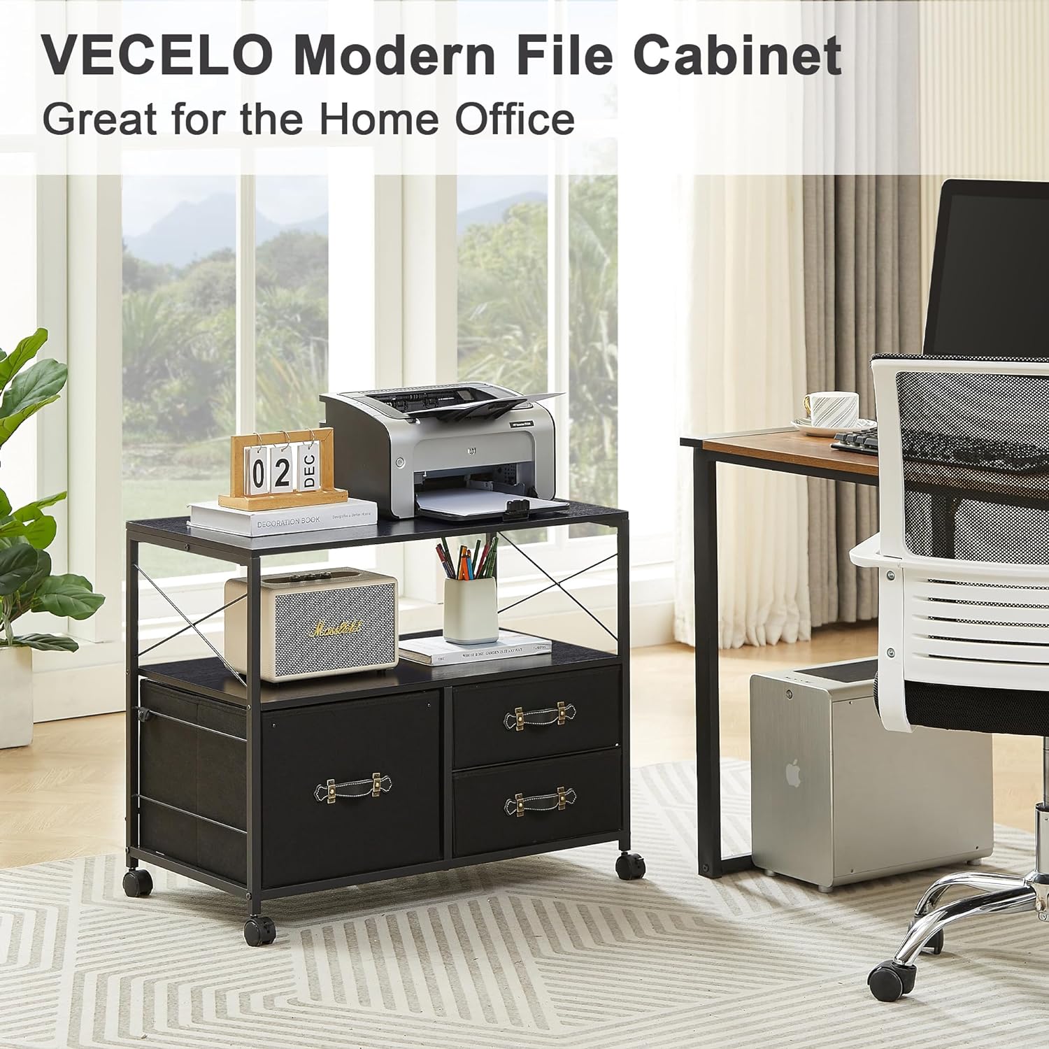 VECELO 3 Drawer Lateral File Cabinet, Rolling Printer Stand with Open Storage Shelf - VECELO