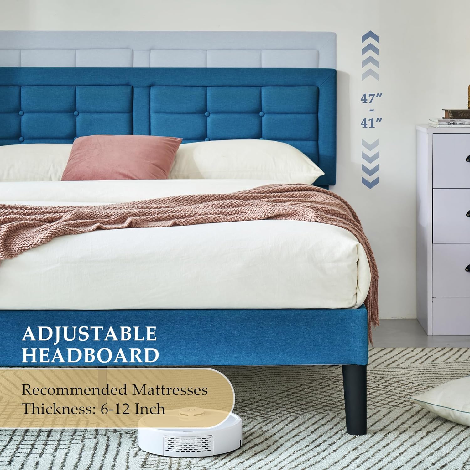 VECELO Upholstered Platform Bed Frame with Height Adjustable Headboard - VECELO