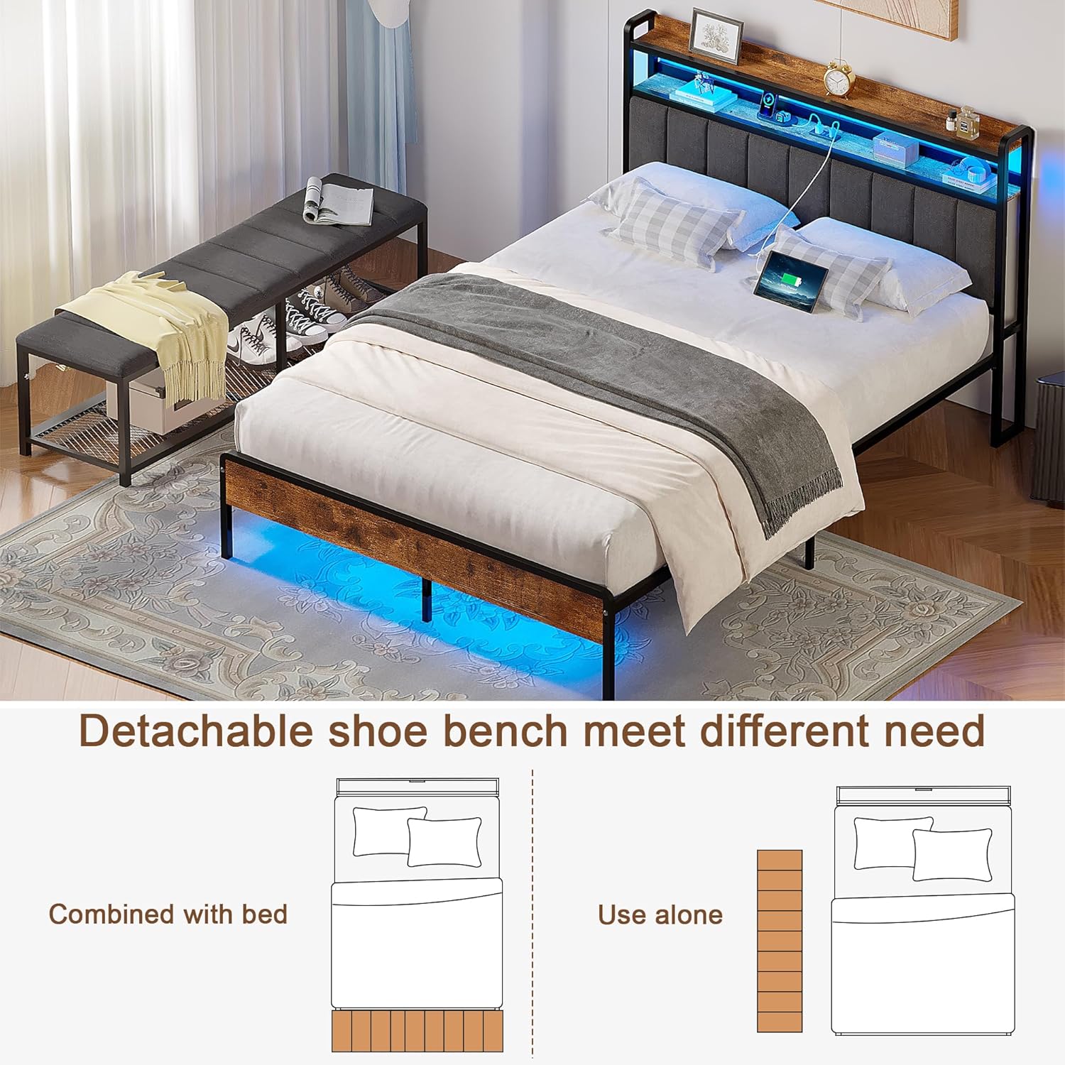 VECELO Bed Frame with LED Lights and Bench
