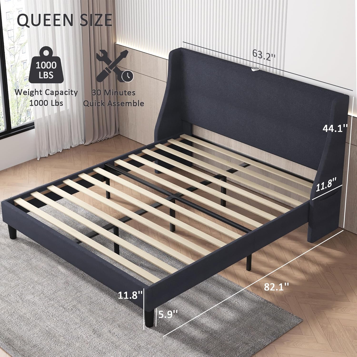 VECELO Bed Frame with Upholstered Wingback Headboard