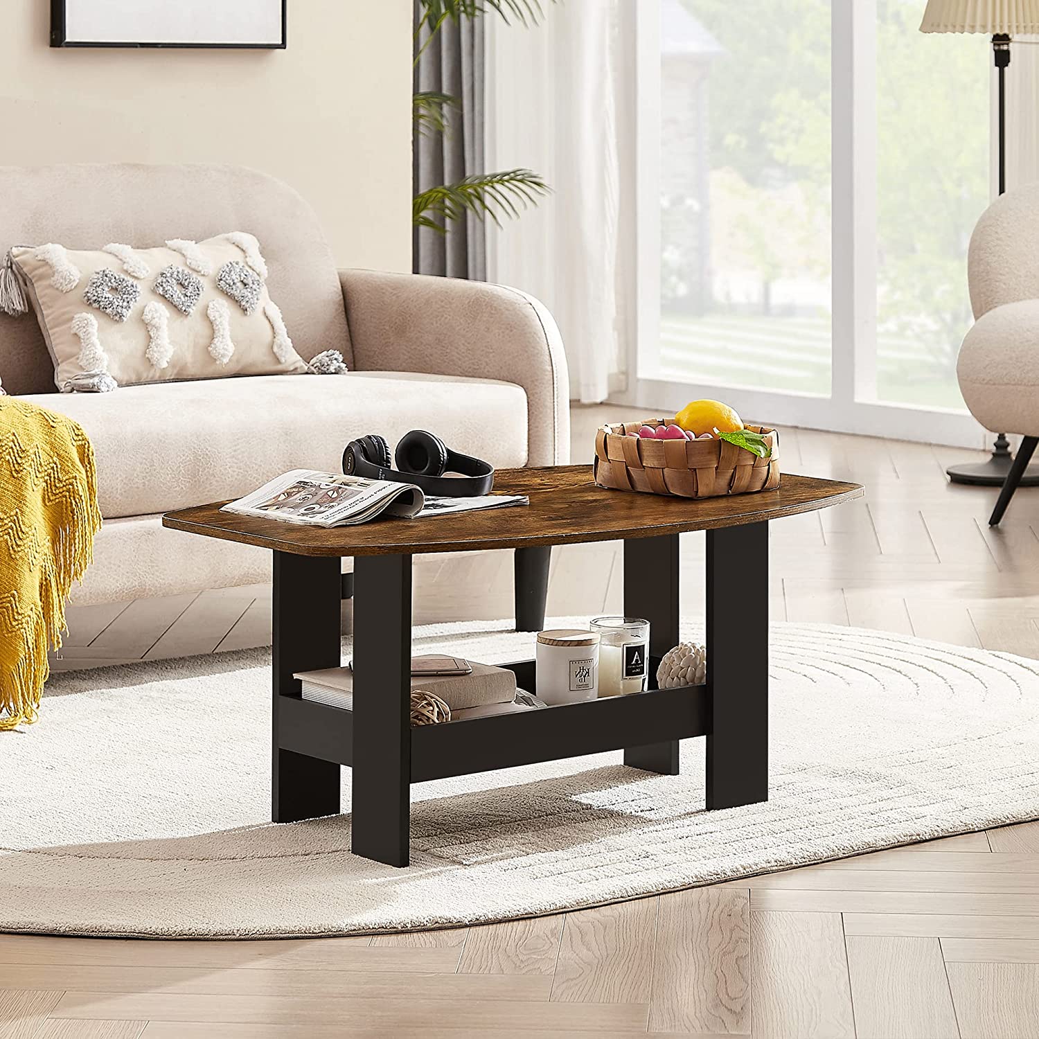 VECELO Coffee Table for Living Room with Storage Compartment Shelf, Rustic Brown - VECELO