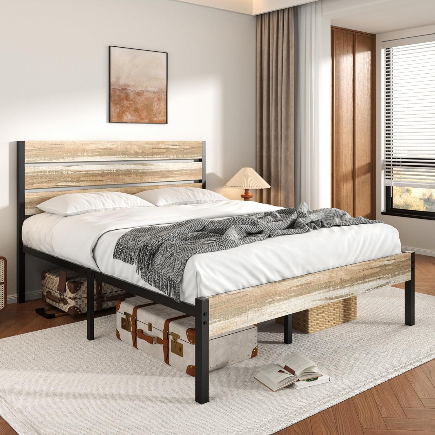 VECELO Platform Bed Frame with Rustic Vintage Wood Headboard/Strong Metal Slats Support