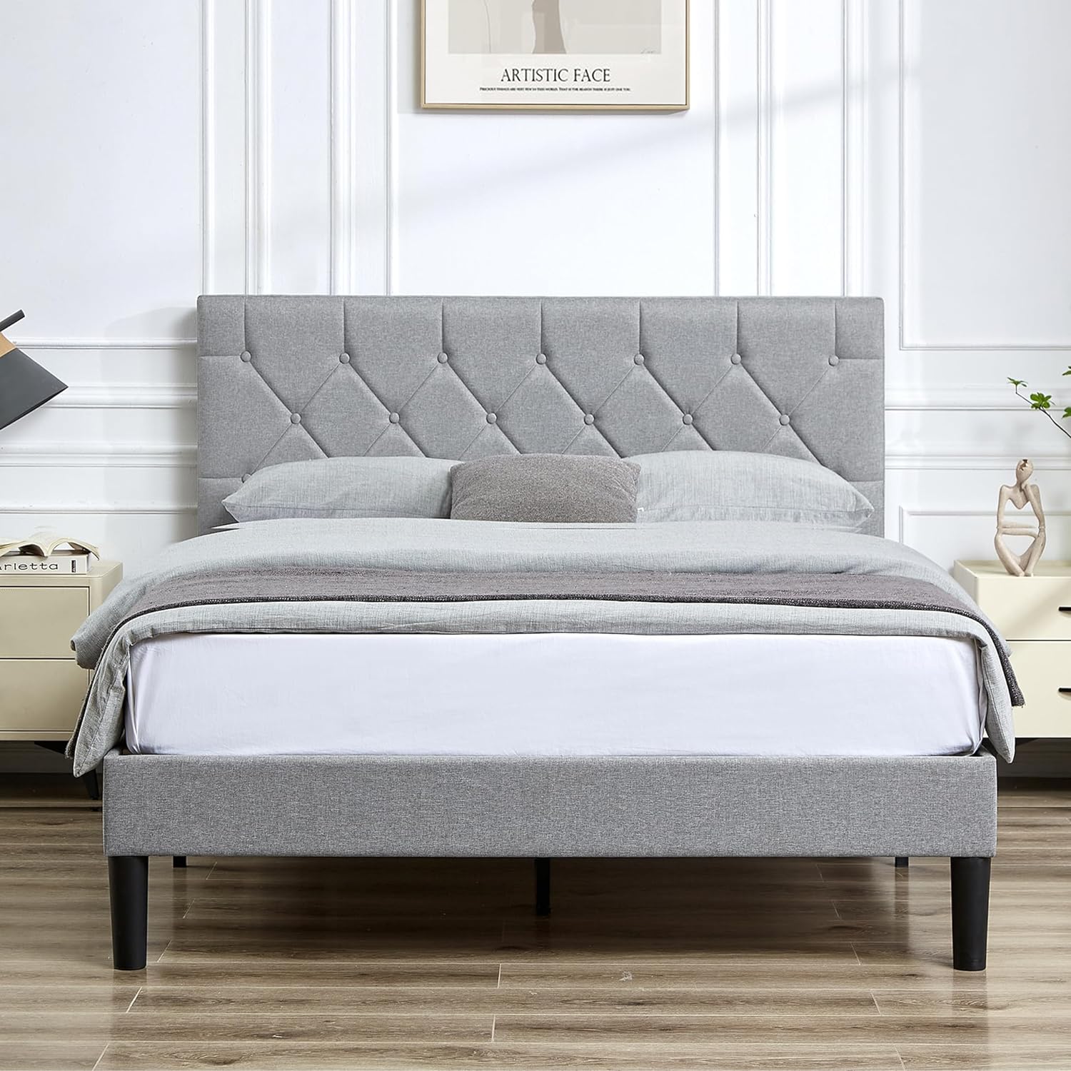 VECELO Bed Frame, Upholstered Platform with Adjustable Diamond Tufted Headboard