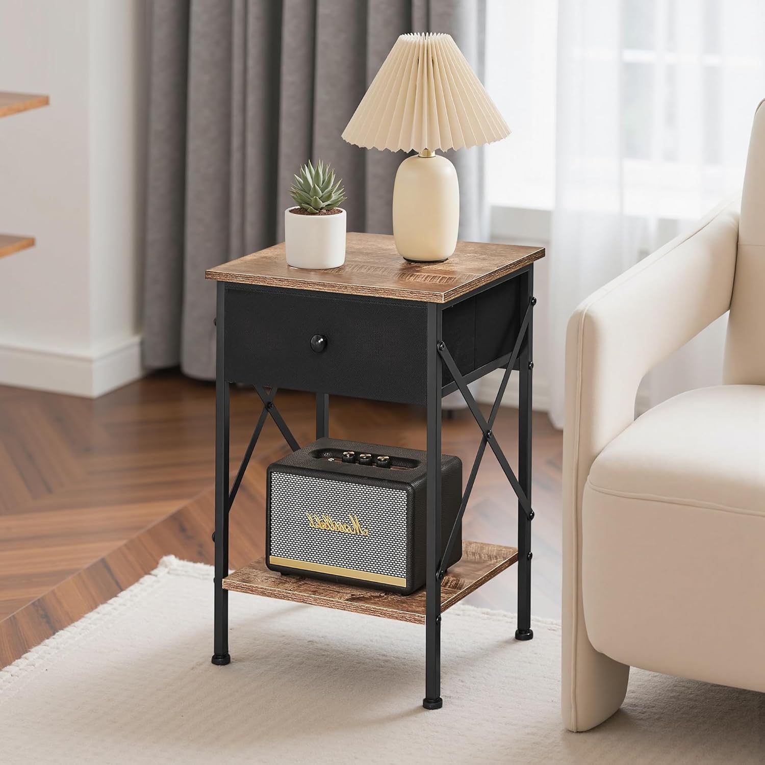 VECELO Nightstand Set of 2, X-Design End Side Table with Fabric Storage Drawer and Open Shelf