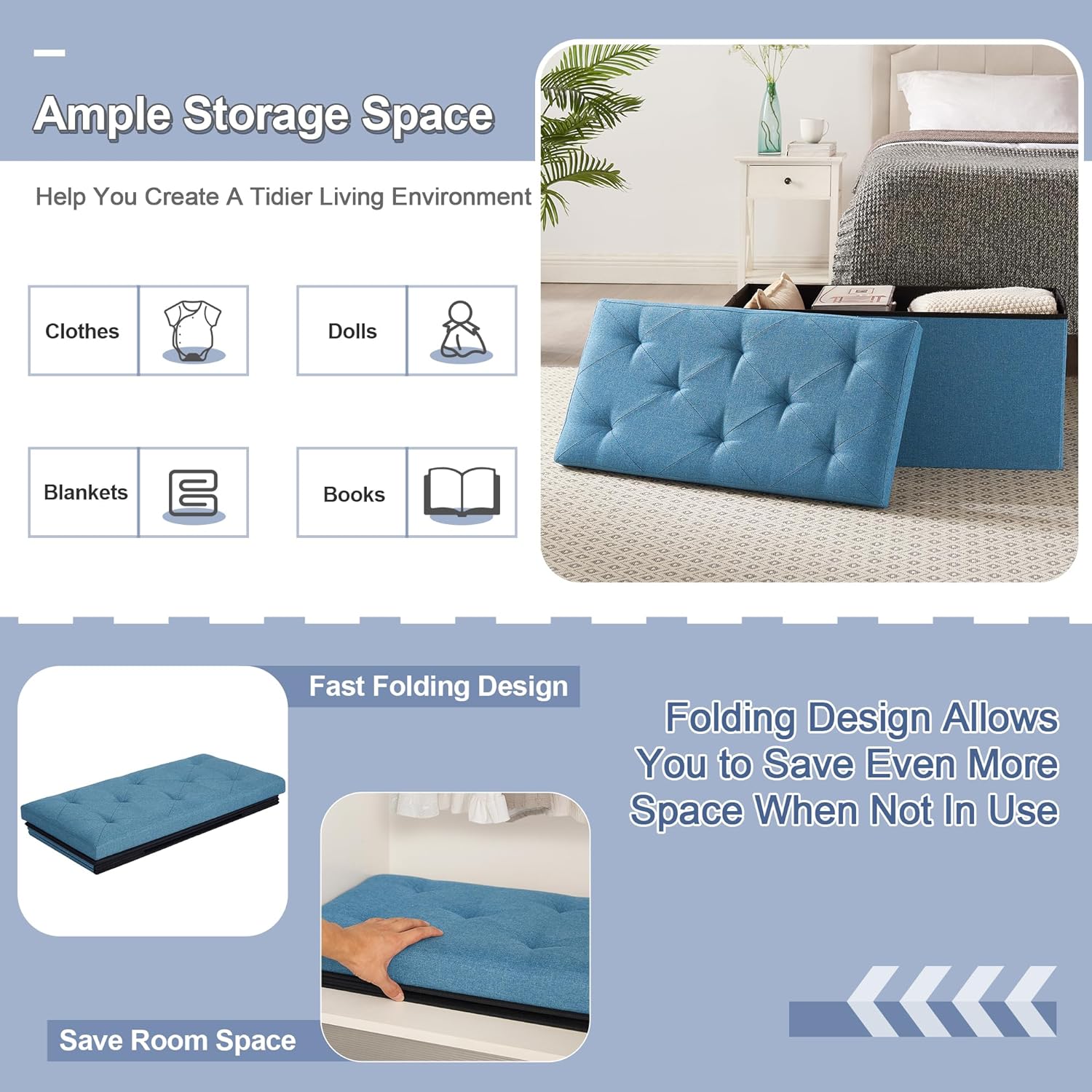 VECELO Folding Storage Ottoman Bench, Storage Chest, Linen Fabric - VECELO