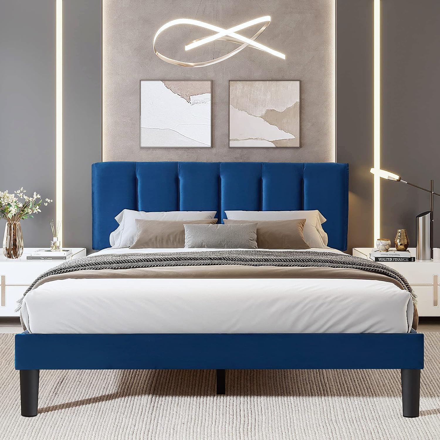 VECELO Modern Upholstered Platform Bedframe, Adjustable Headboard