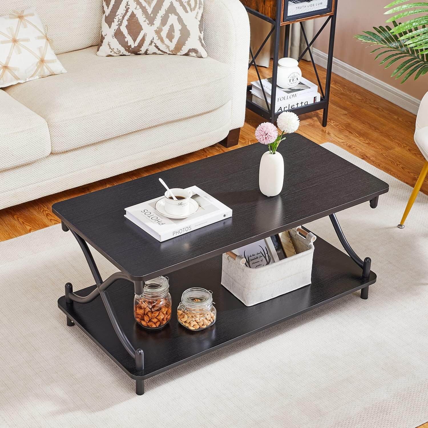 VECELO 39-Inch Coffee Table with Storage and Open Shelves - VECELO