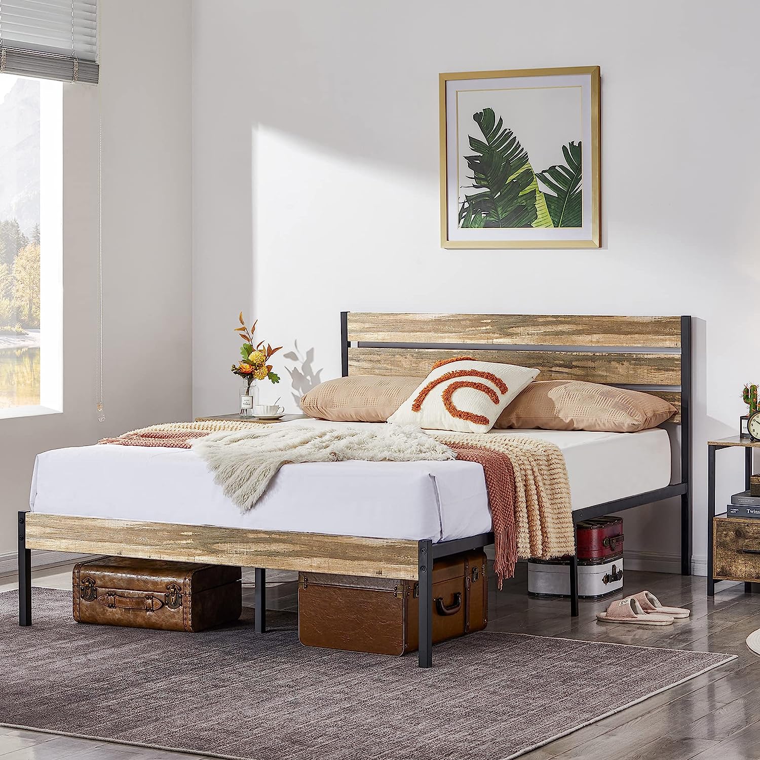 VECELO Platform Bed Frame with Rustic Vintage Wood Headboard/Strong Metal Slats Support
