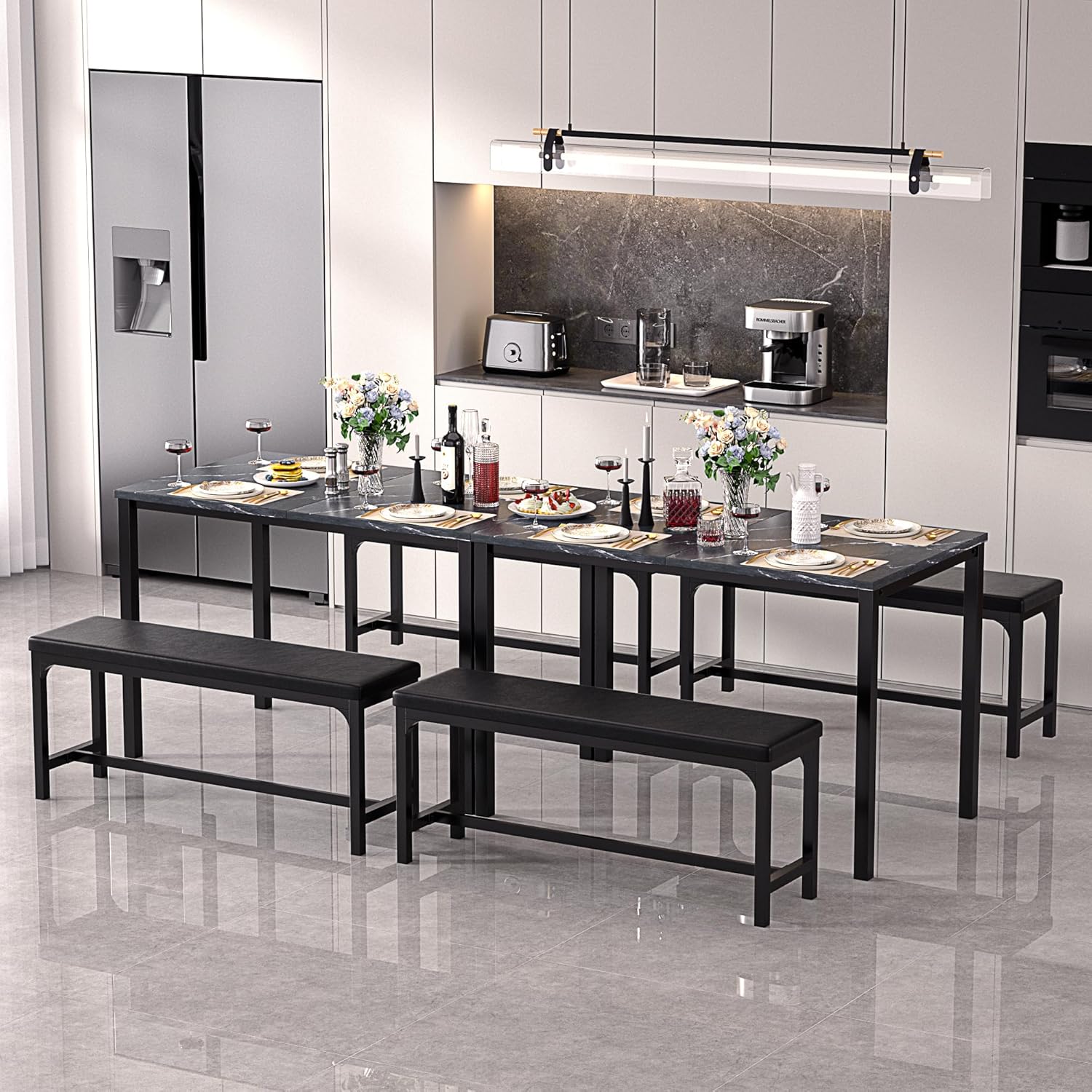 VECELO 3-Piece 63" Extendable Kitchen Table with Benches/Chairs - VECELO