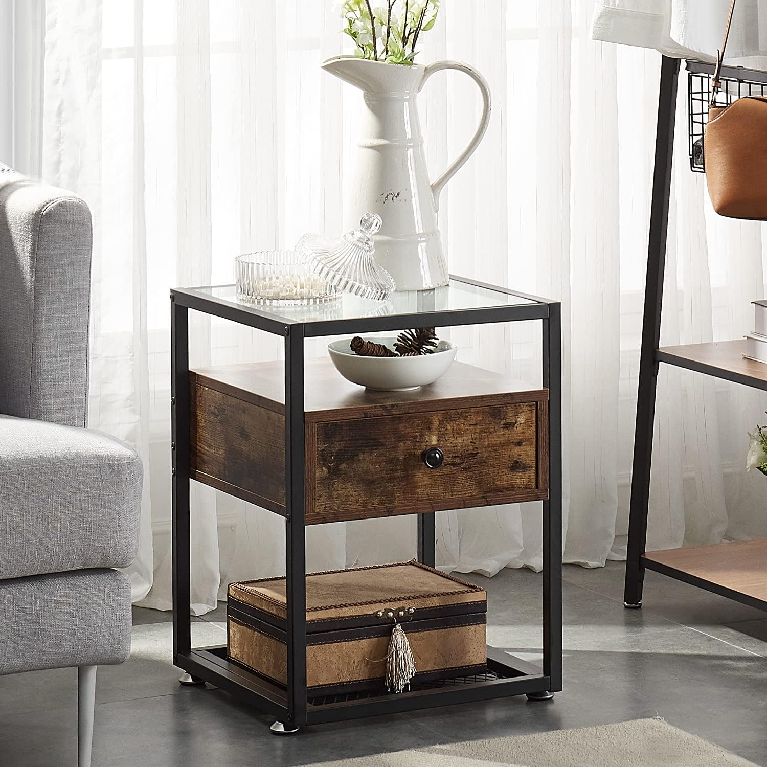 VECELO Nightstands,Glass Top End Tables with Drawer and Shelf - VECELO