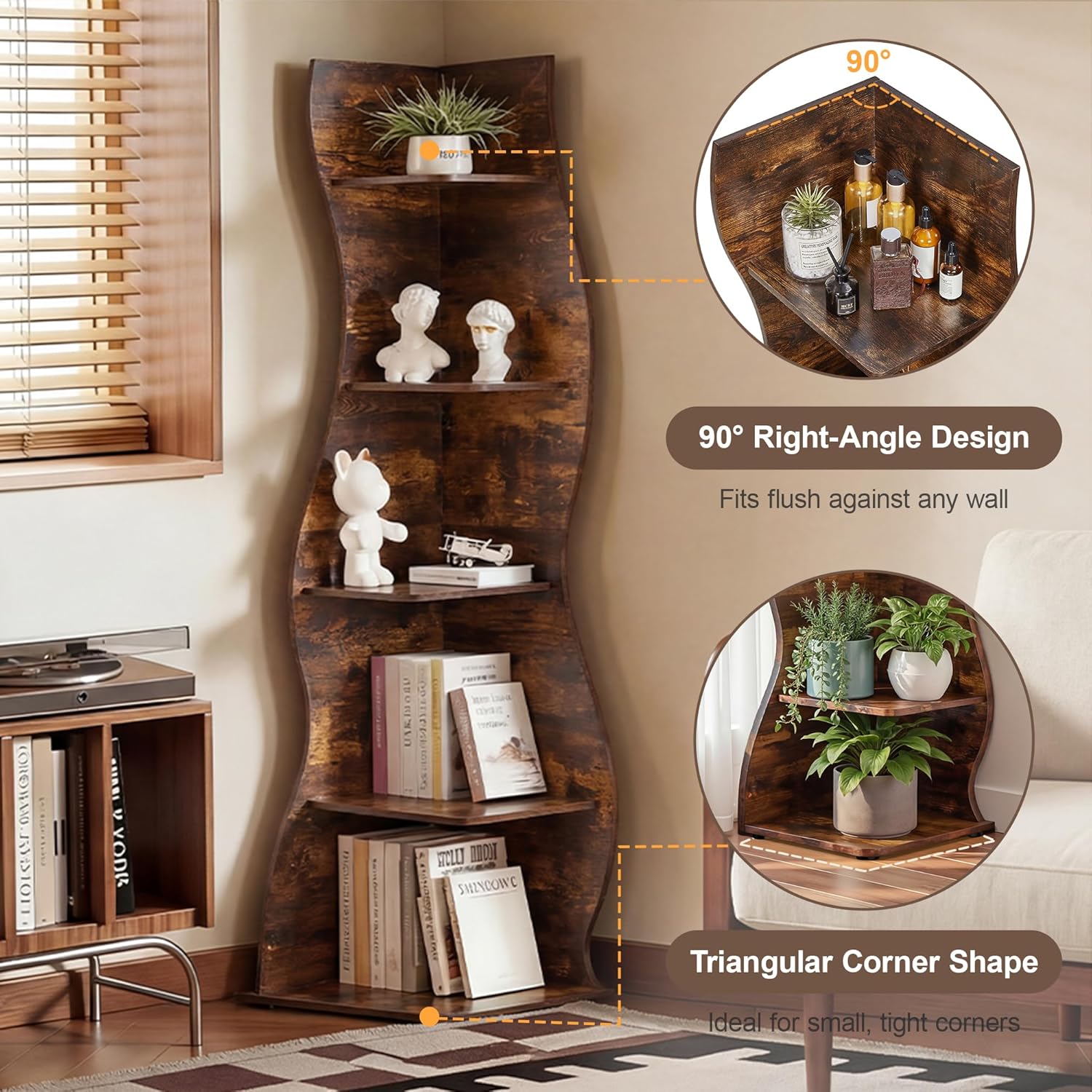 VECELO Wavy Corner Shelf, Decorative 5-Tier Storage Bookshelf