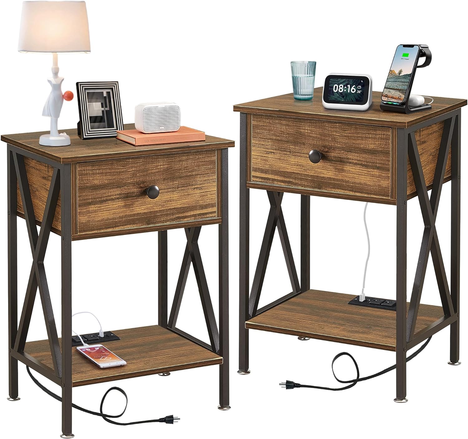 VECELO Modern Bedside End Tables with Charging Station & USB Ports, 1 Pack/2 Packs - VECELO
