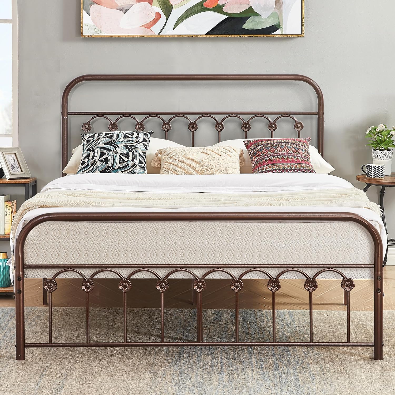 VECELO Metal Bed Frame/Mattress Foundation with Vintage Flower Headboard & Footboard