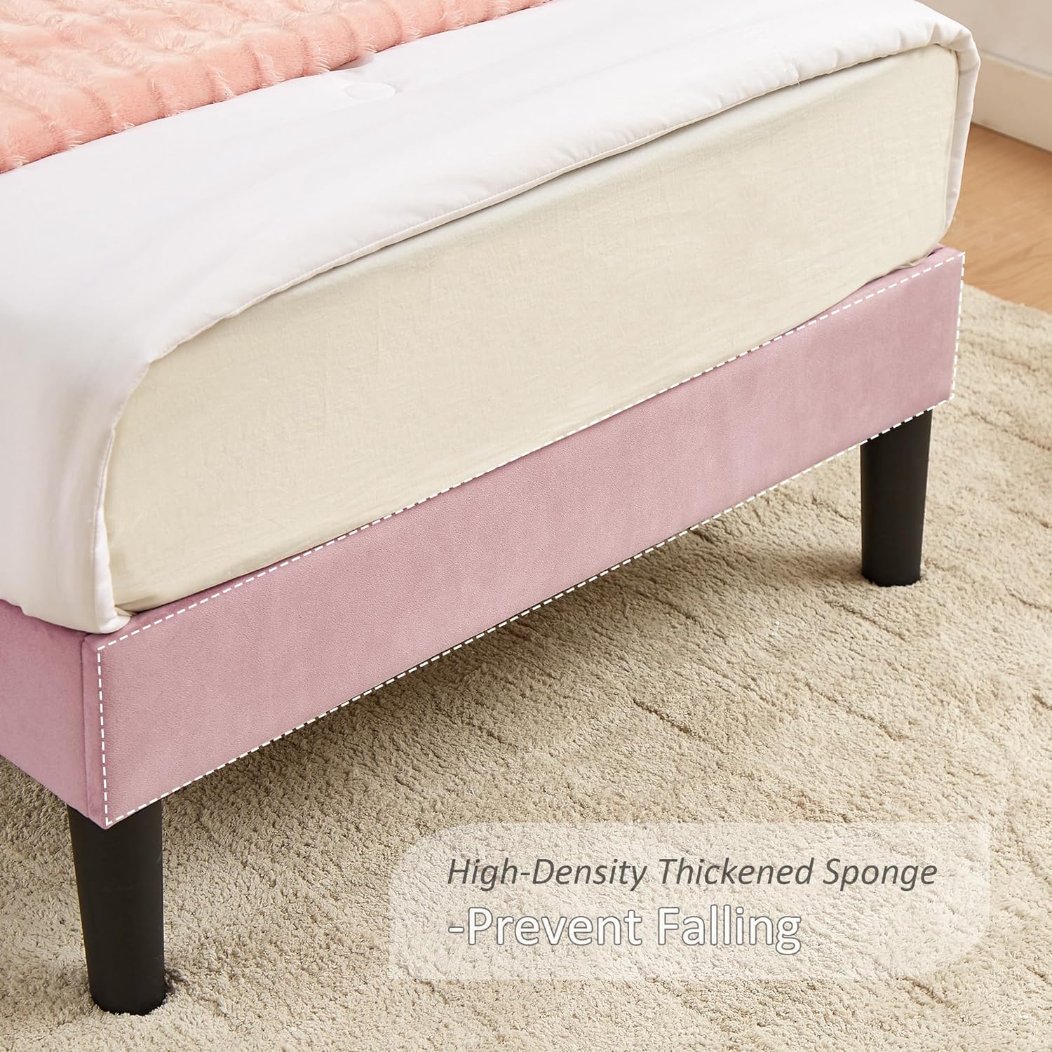 VECELO Twin Size Bed Frame Upholstered with Headboard, Strong Platform with Crown for Kids Girls