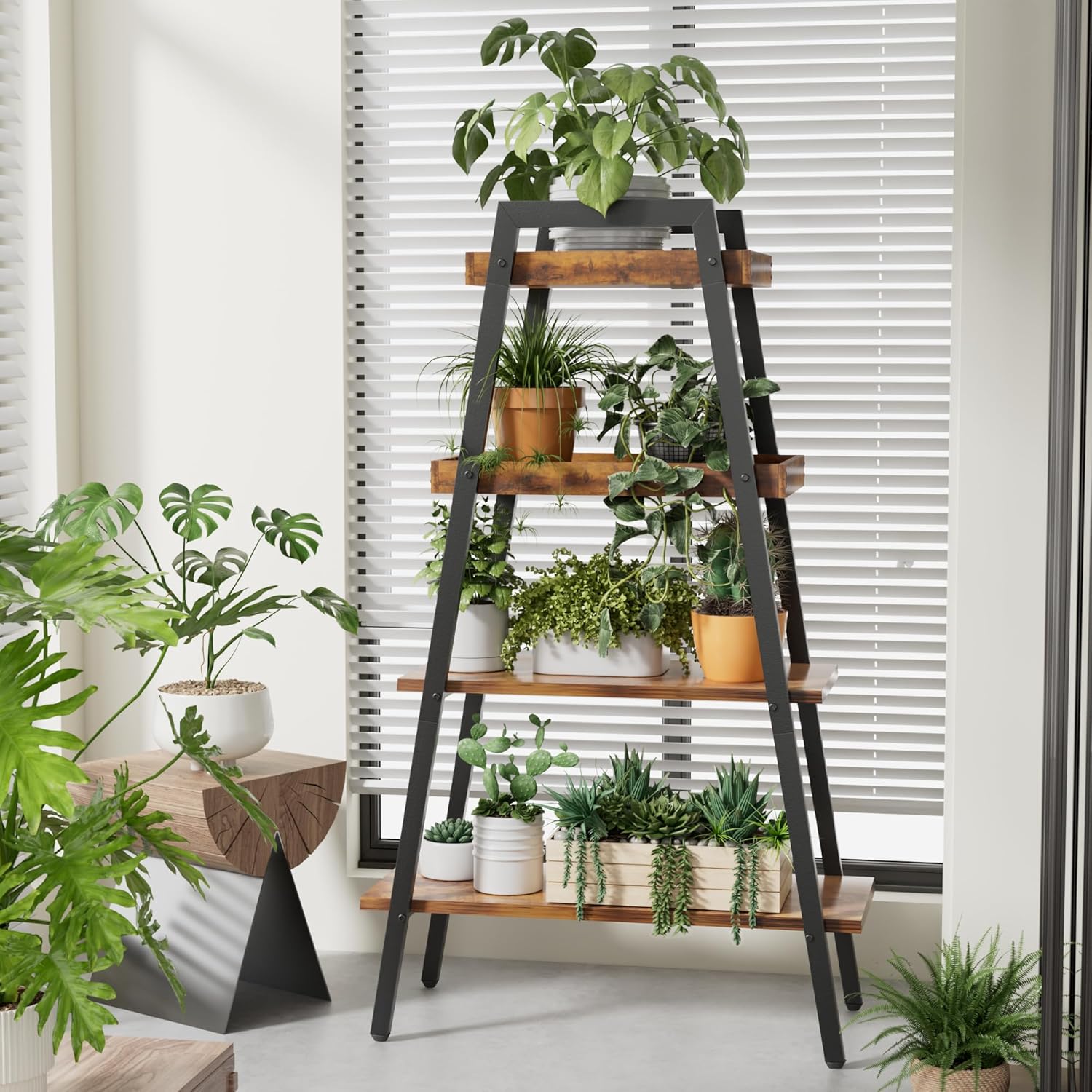 VECELO Ladder Shelf/Display Shelf 4 Tier Storage Bookcase Rack Wood & Steel - VECELO