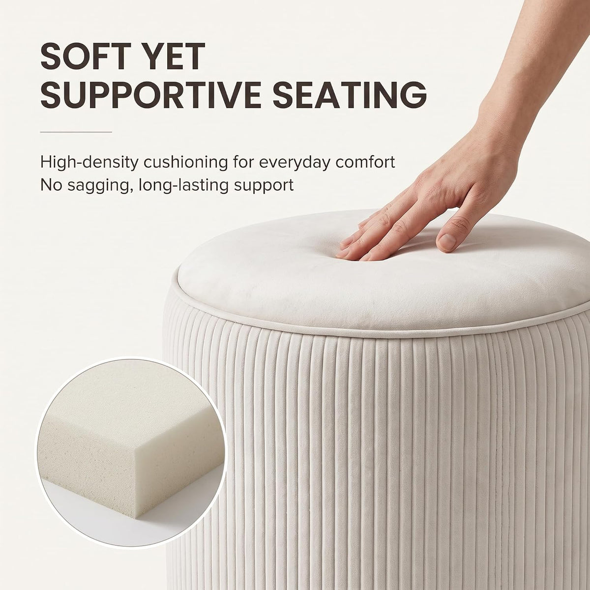 VECELO Round Velvet Storage Ottoman, Beige Upholstered Padded Vanity Stool,