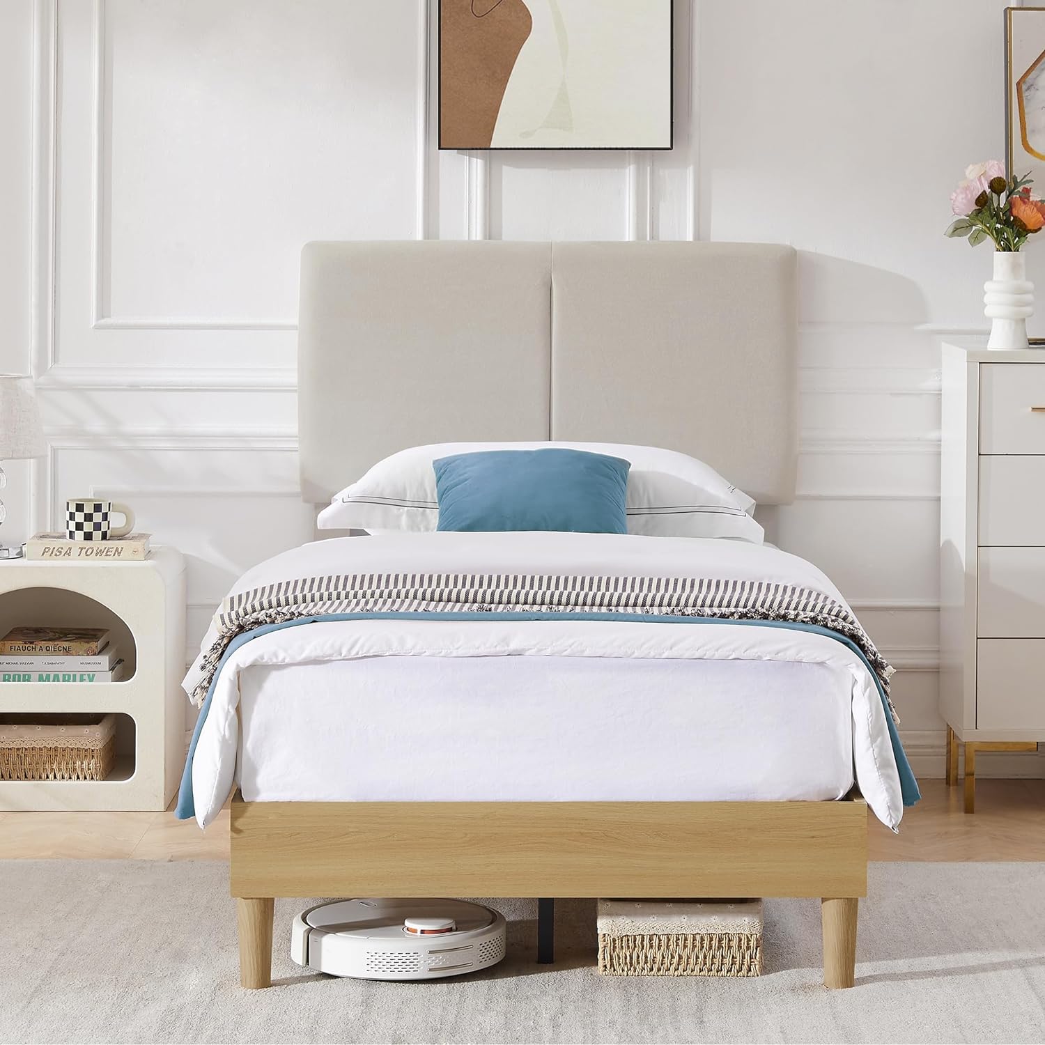 VECELO Upholstered Platform Bed Frame with Height-Adjustable Cotton and Linen Headboard