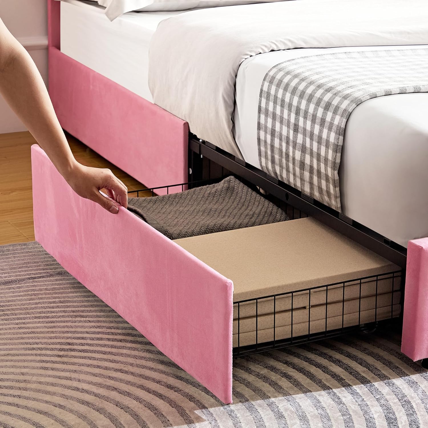 VECELO Upholstered Bed Frame with 4 Storage Drawers and Adjustable Velvet Headboard