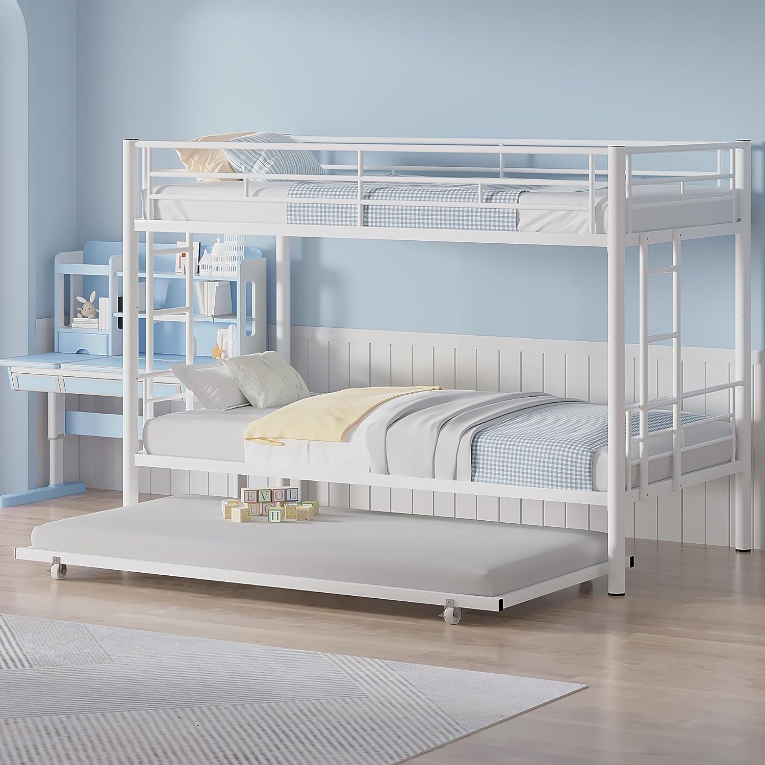 VECELO Bunk Bed Twin Over Twin with Trundle, Metal Bunkbeds with Ladder and Full-Length Guardrail - VECELO