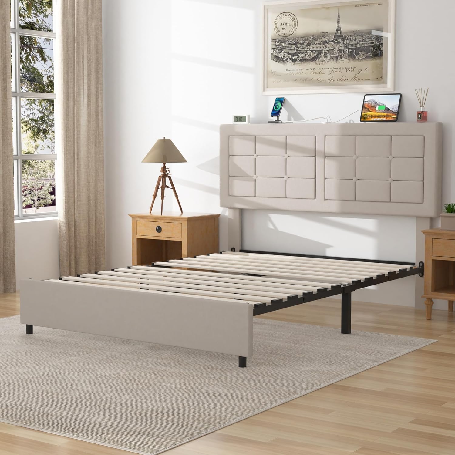 VECELO Bed Frame with 4 Drawers, Adjustable Tufted Button Headboard